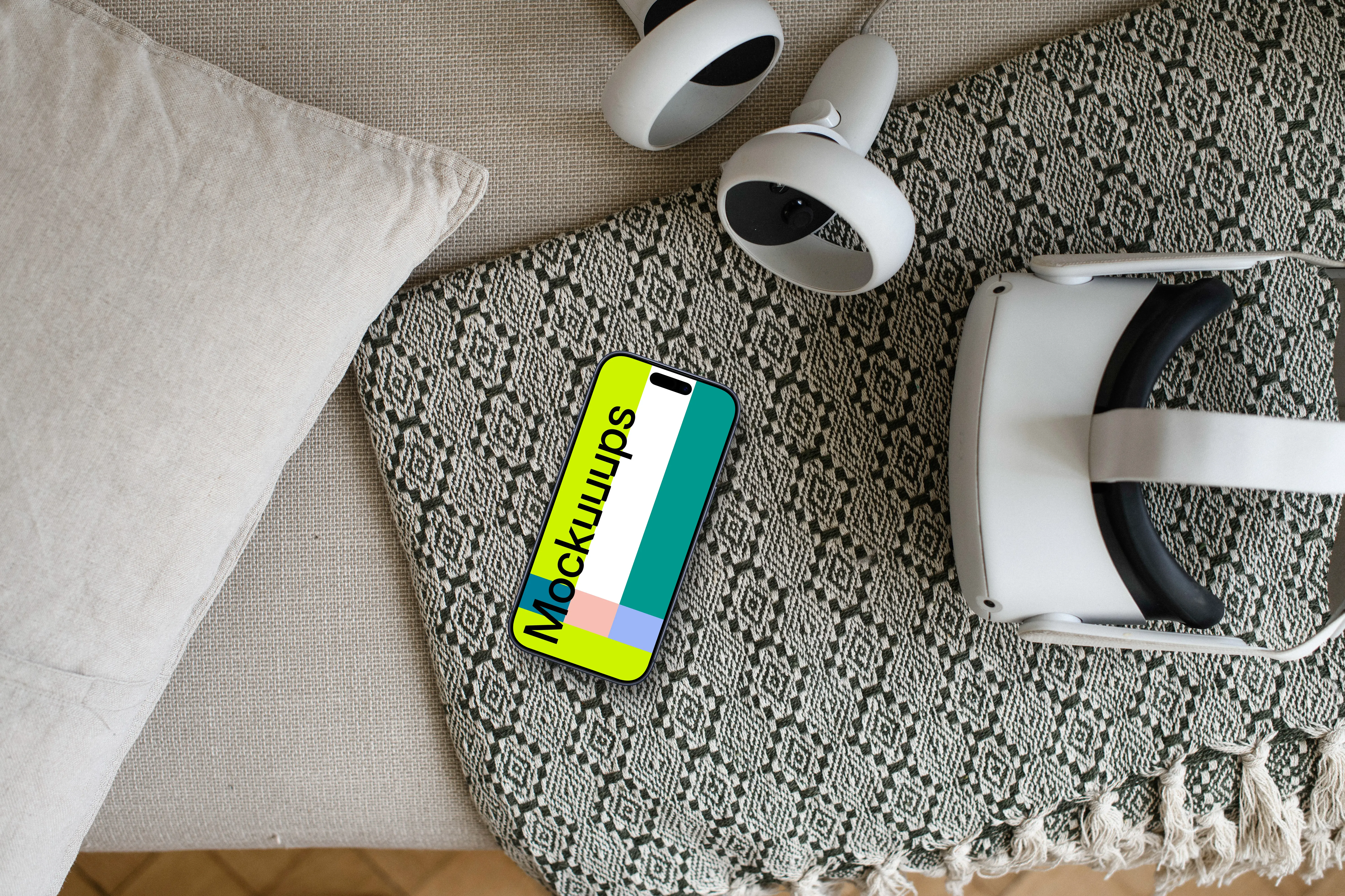 Smartphone mockup with VR headset on patterned fabric