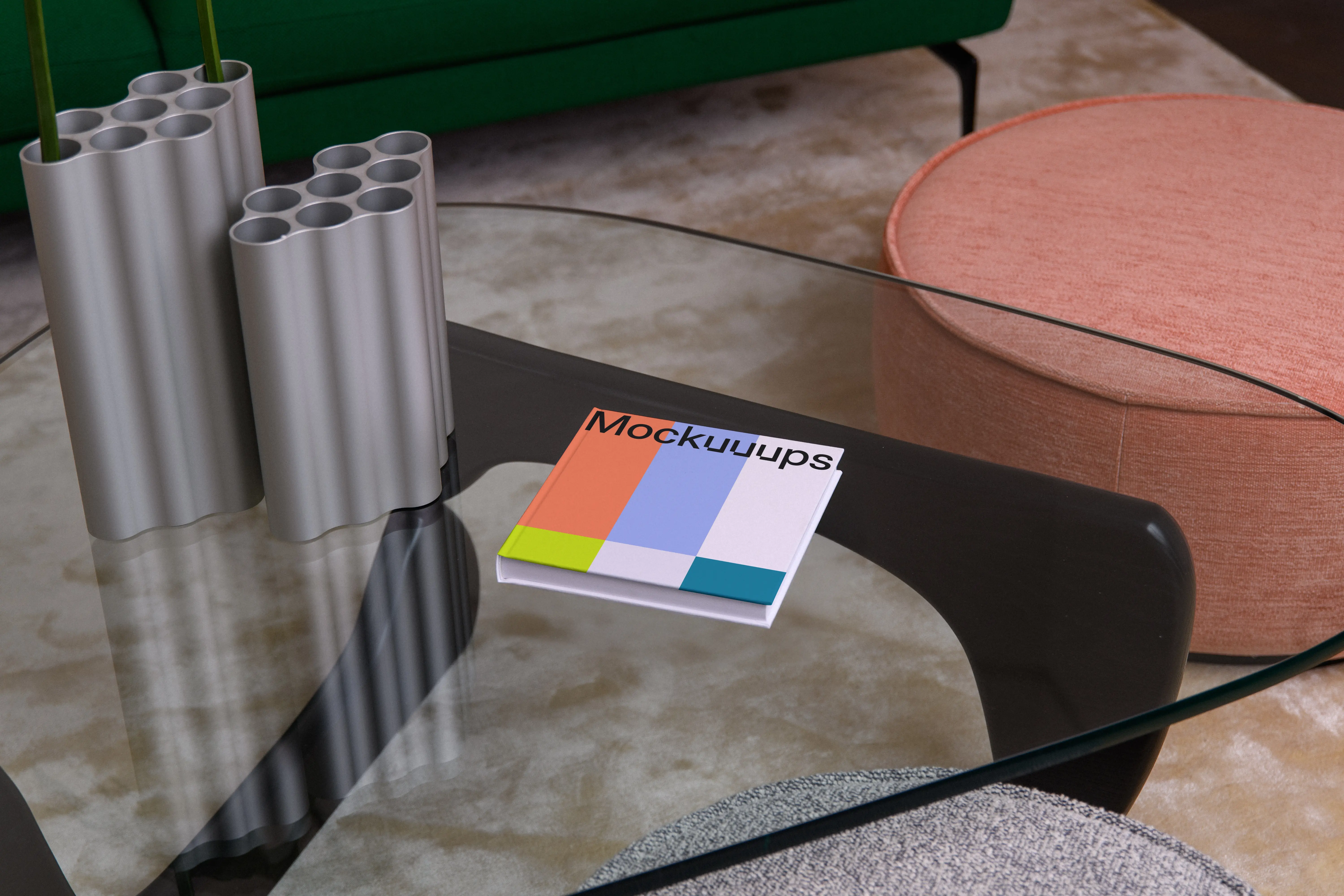 Square book mockup on a glass coffee table