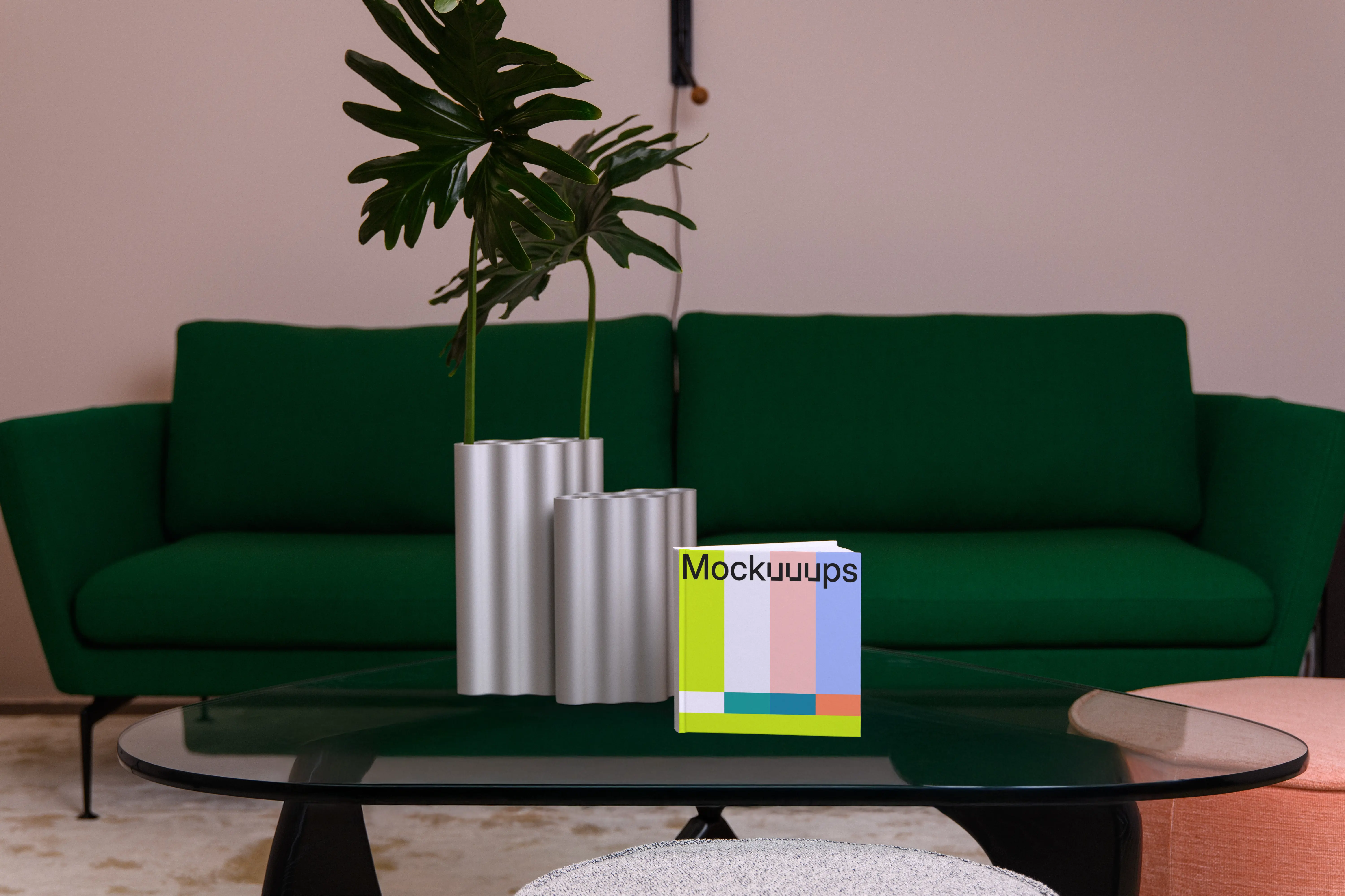 Square book mockup on a modern coffee table