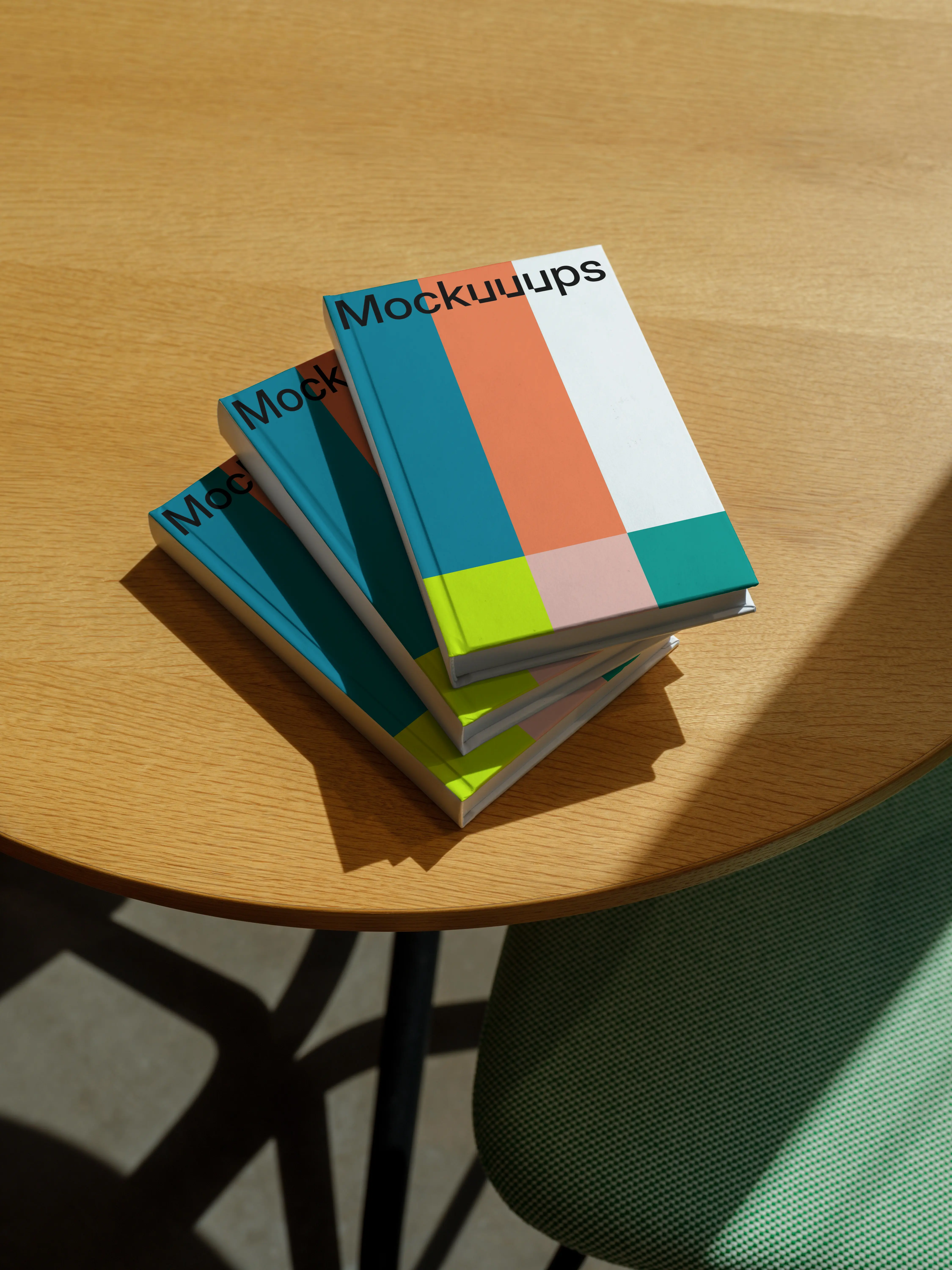 Stacked B-format book mockup on a sunlit wooden table