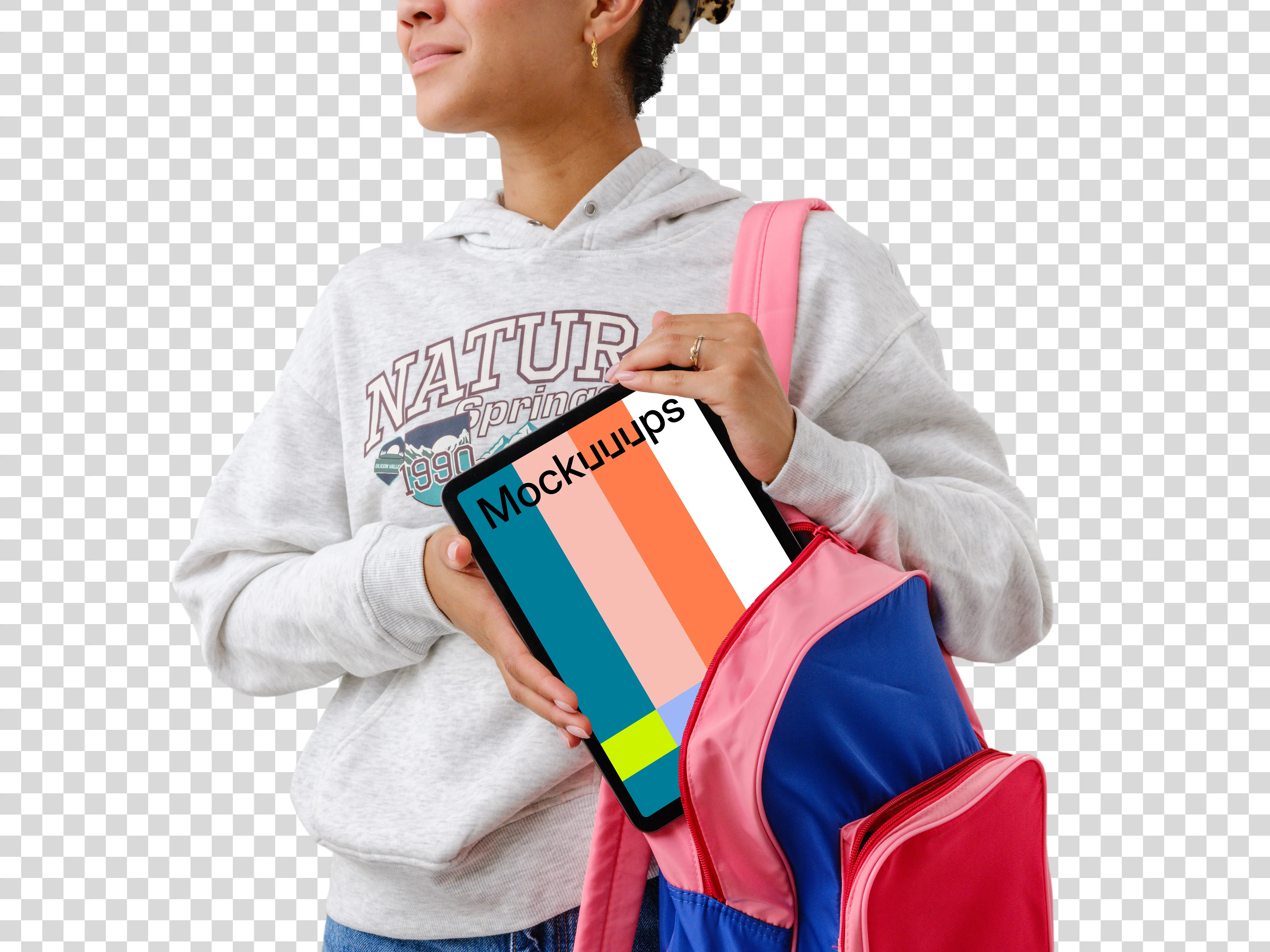 Student with an iPad mockup in her backpack