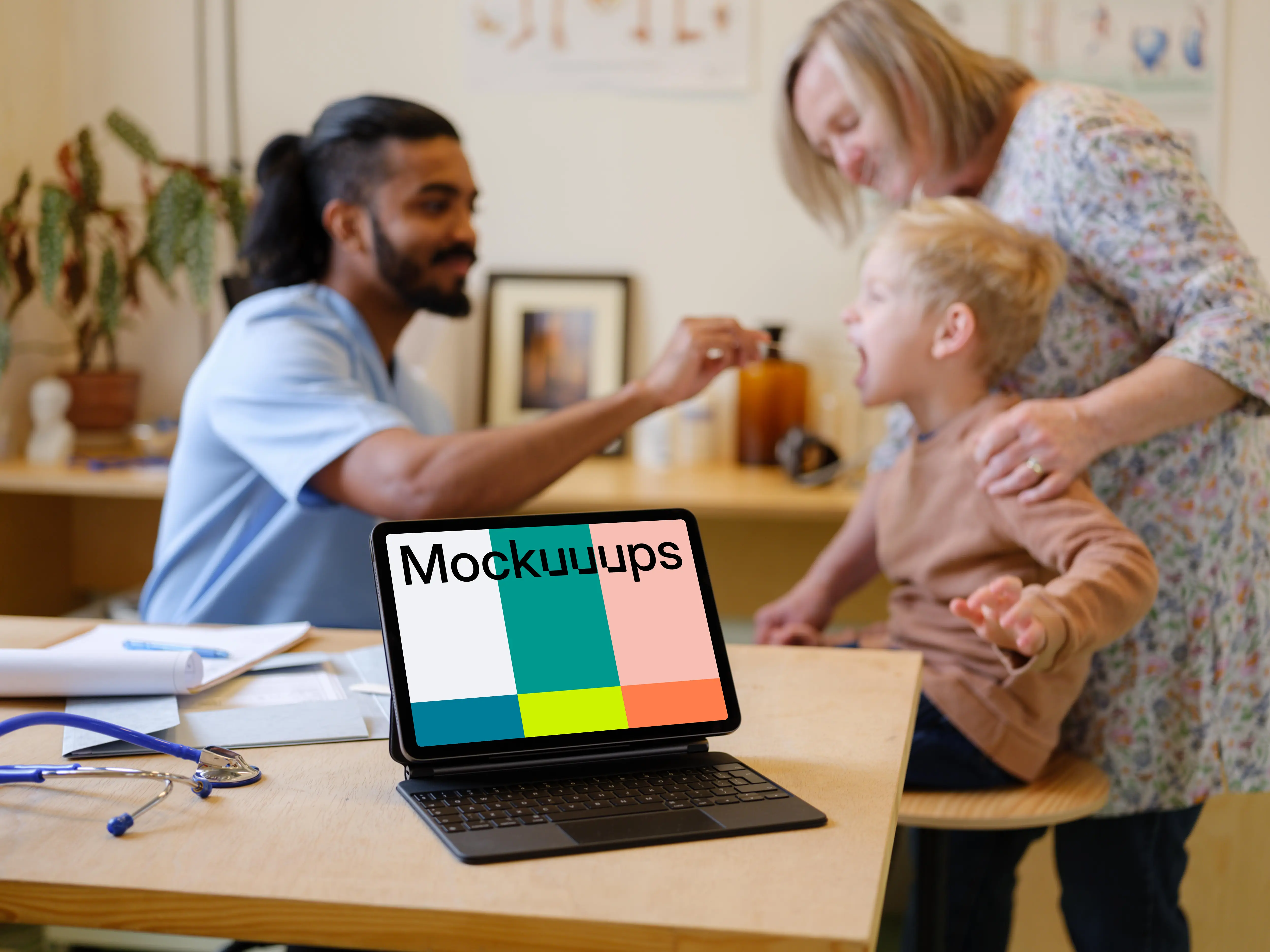 Tablet mockup in children's doctor's office