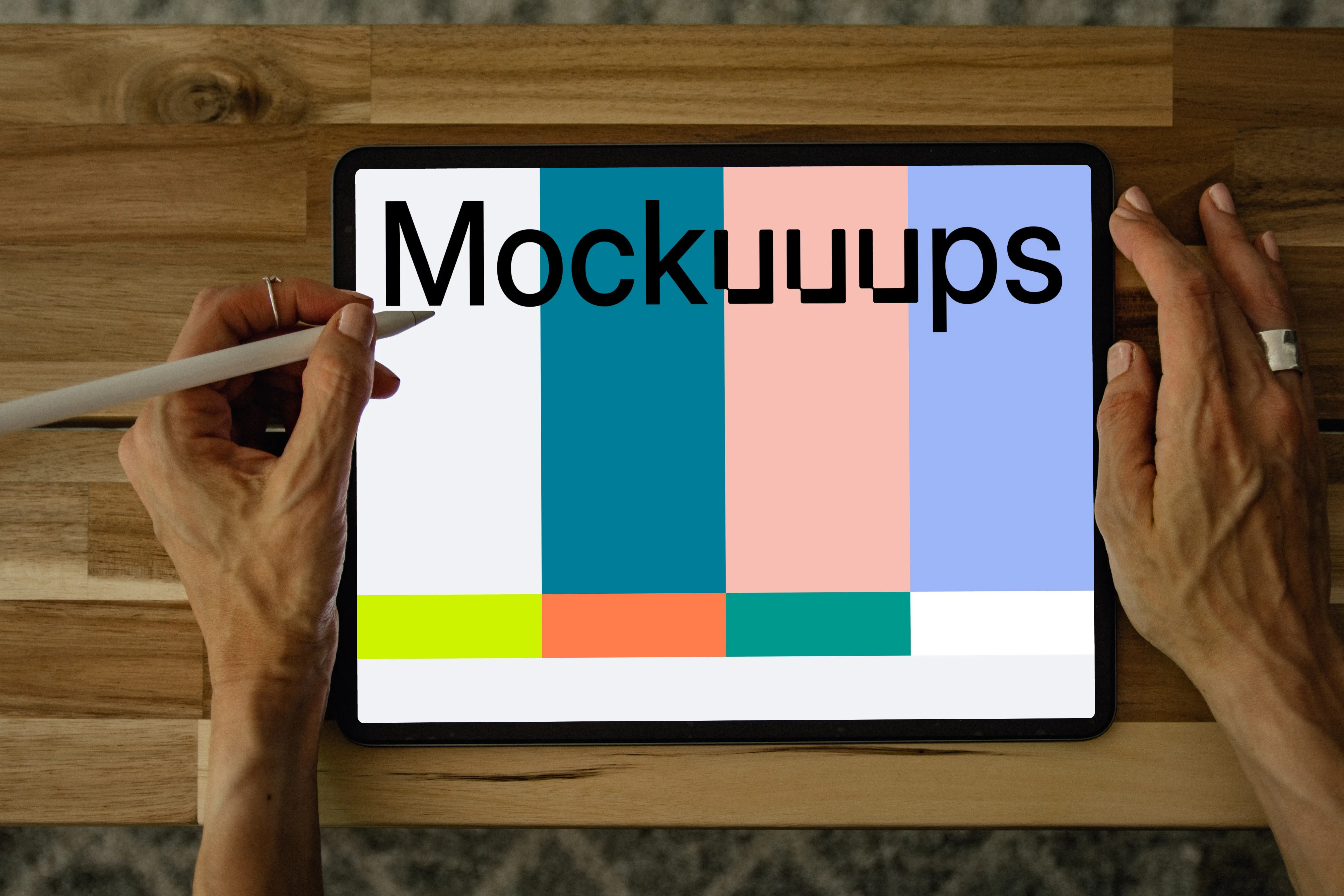 Tablet mockup in use on a neat wooden table