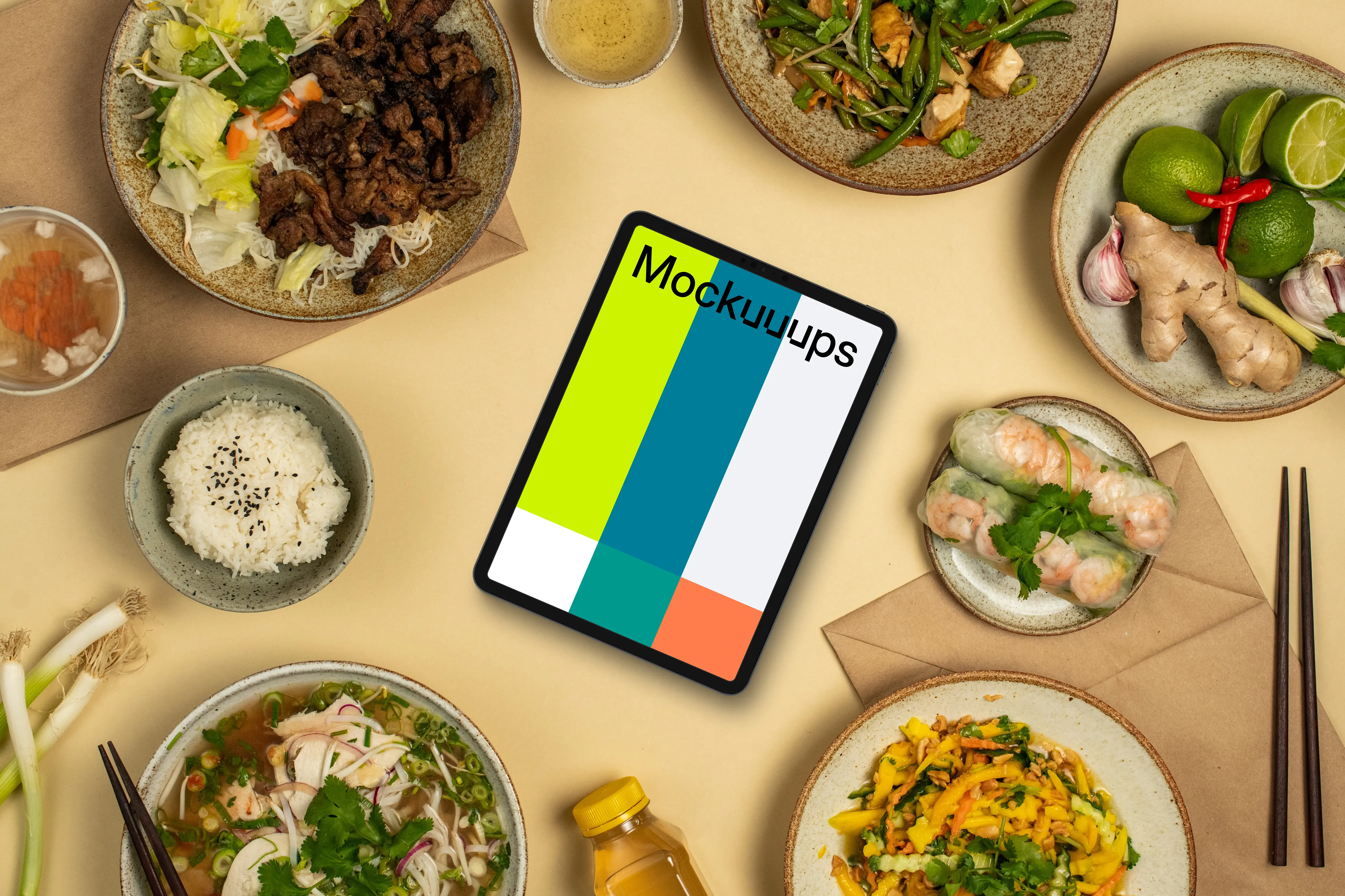 Tablet mockup in vietnamese cuisine theme