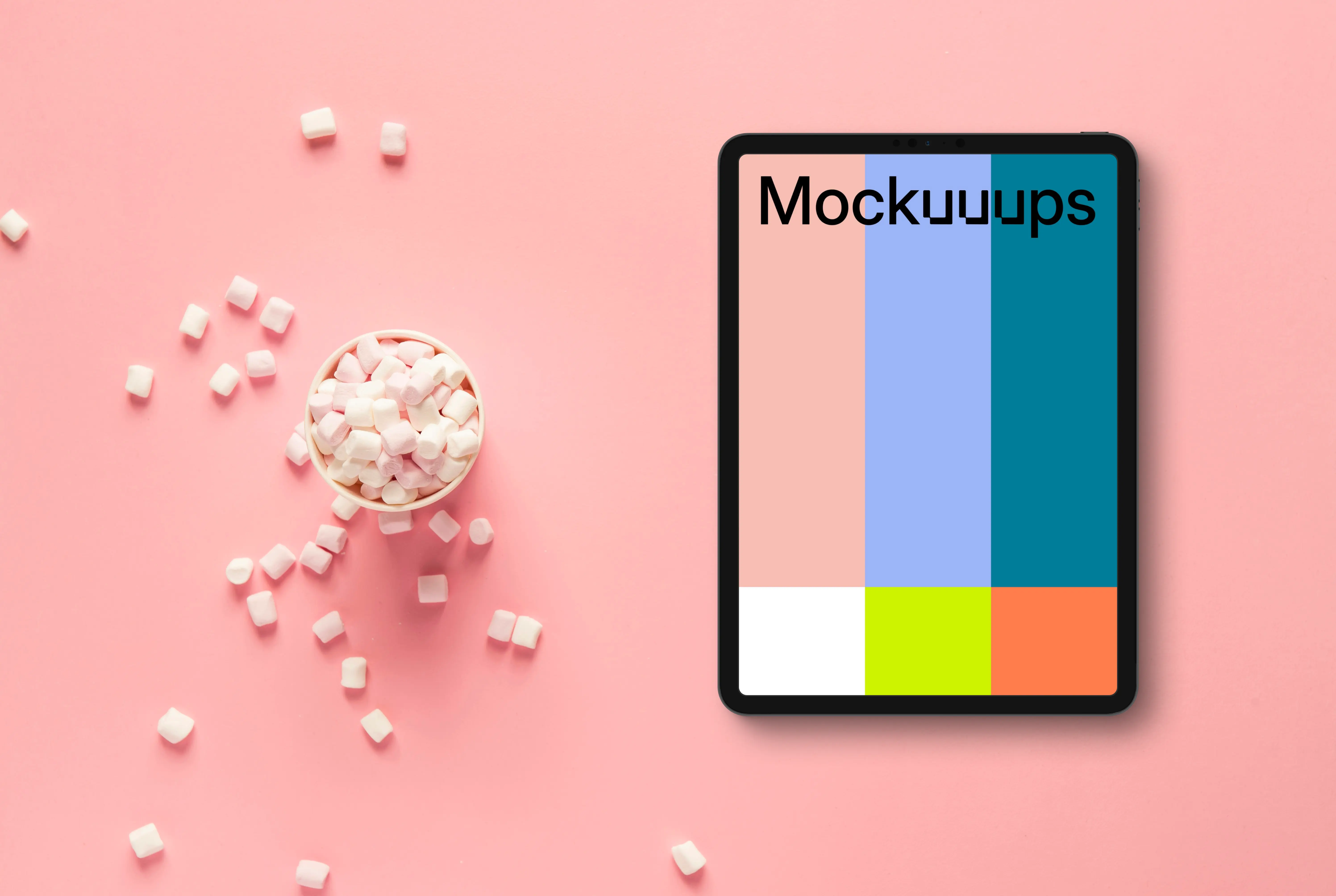 Tablet mockup on pink background with marshmallows