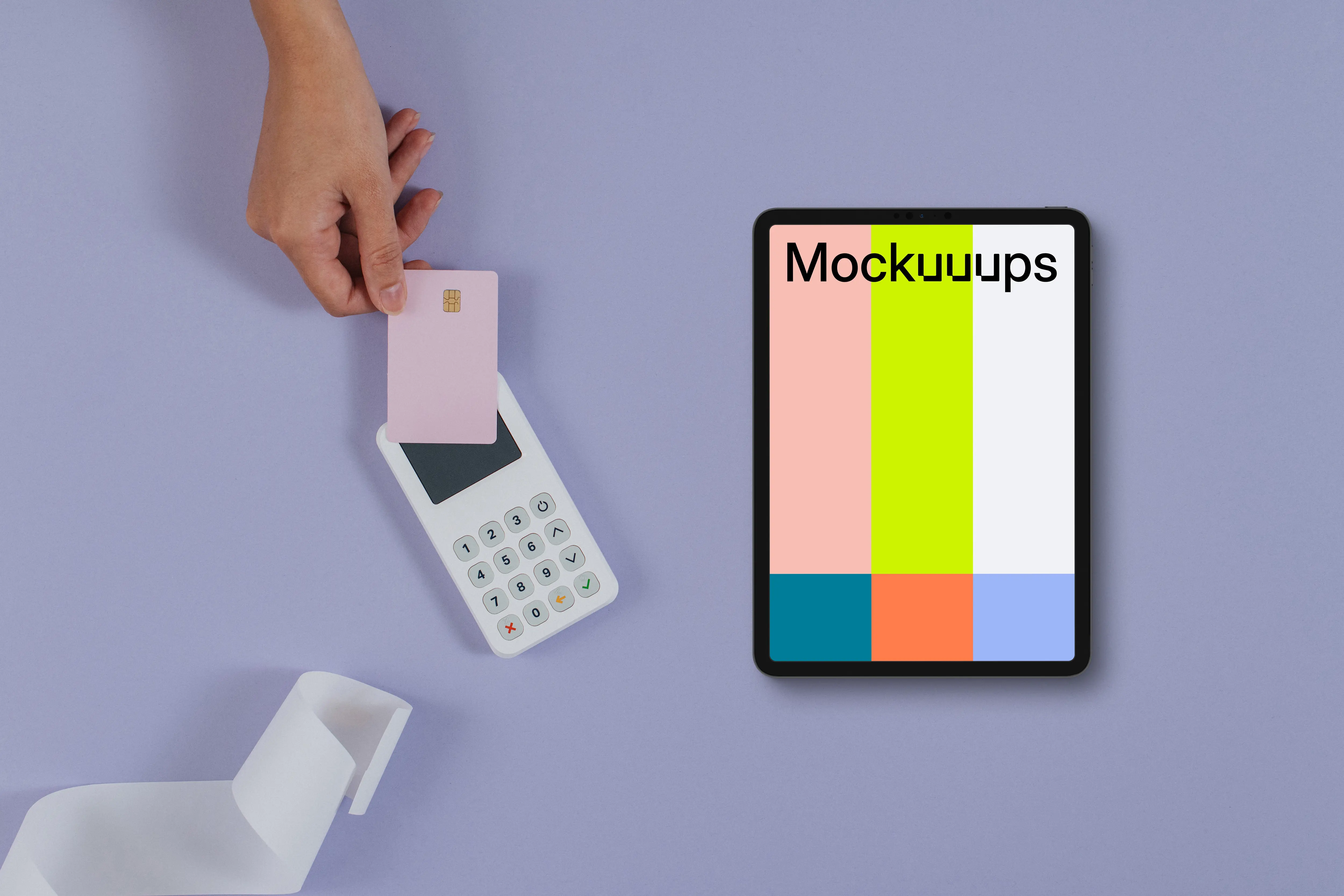 Tablet mockup on purple background with payment terminal and credit card