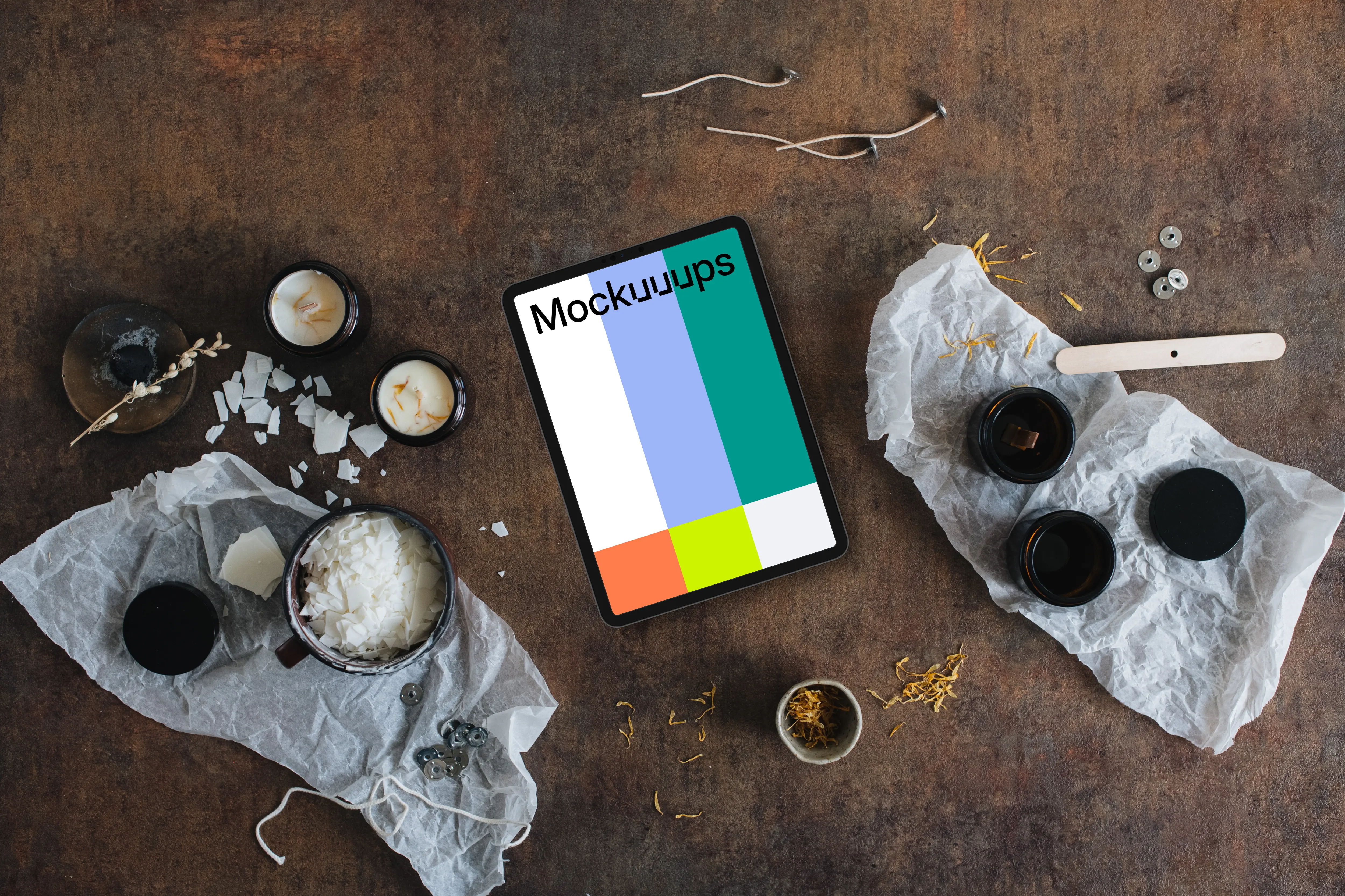 Tablet mockup on the table with christmas decoration