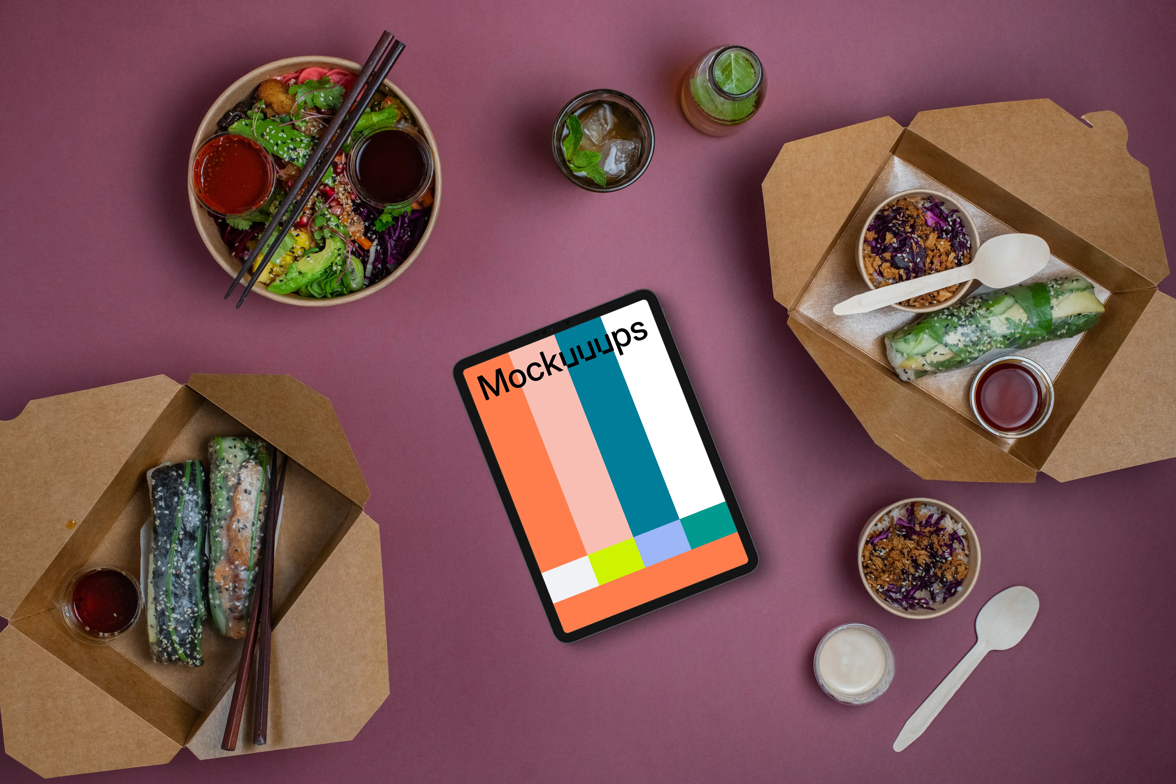 Tablet mockup surrounded by Asian food from delivery