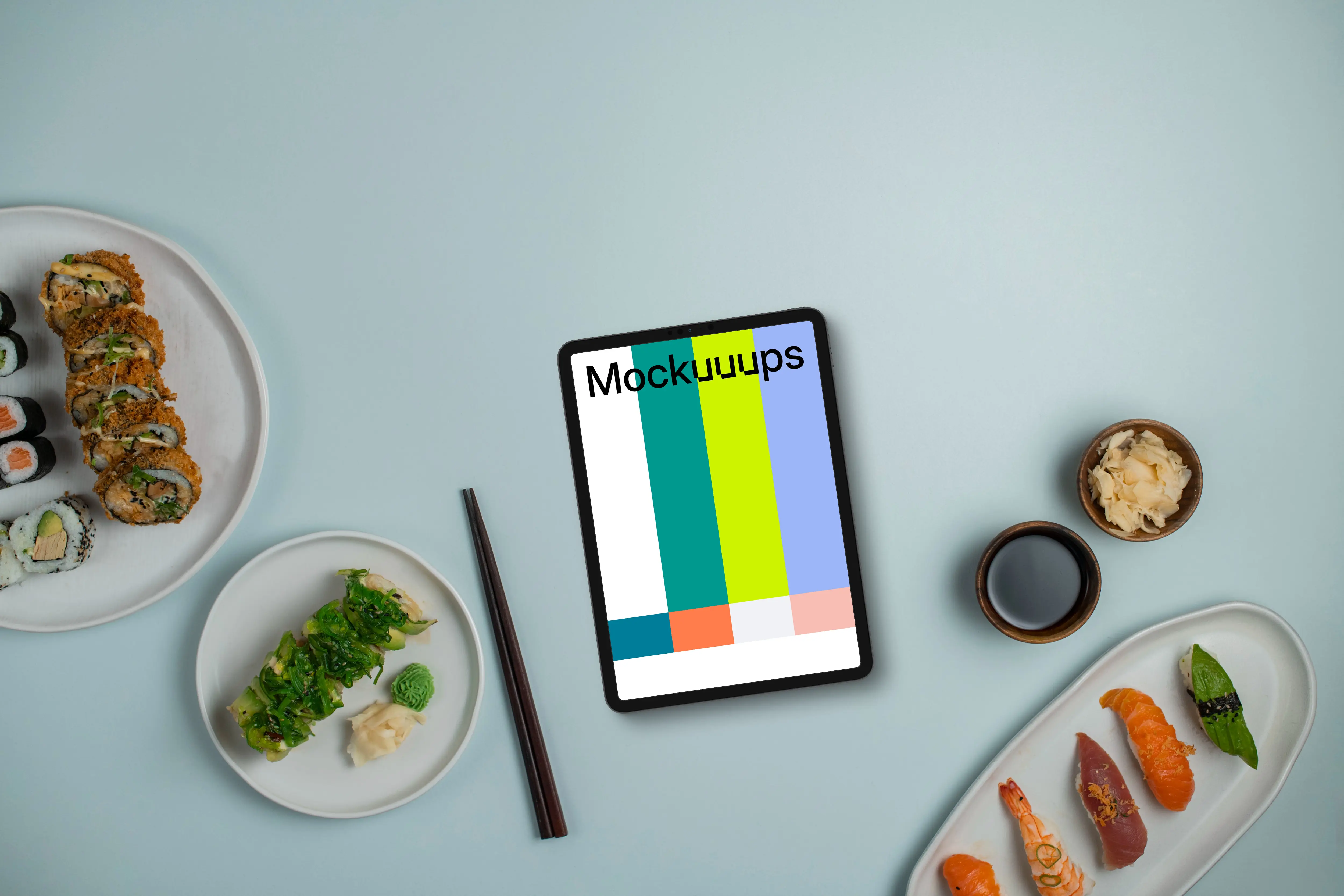 Tablet mockup surrounded by Japan meal Sushi