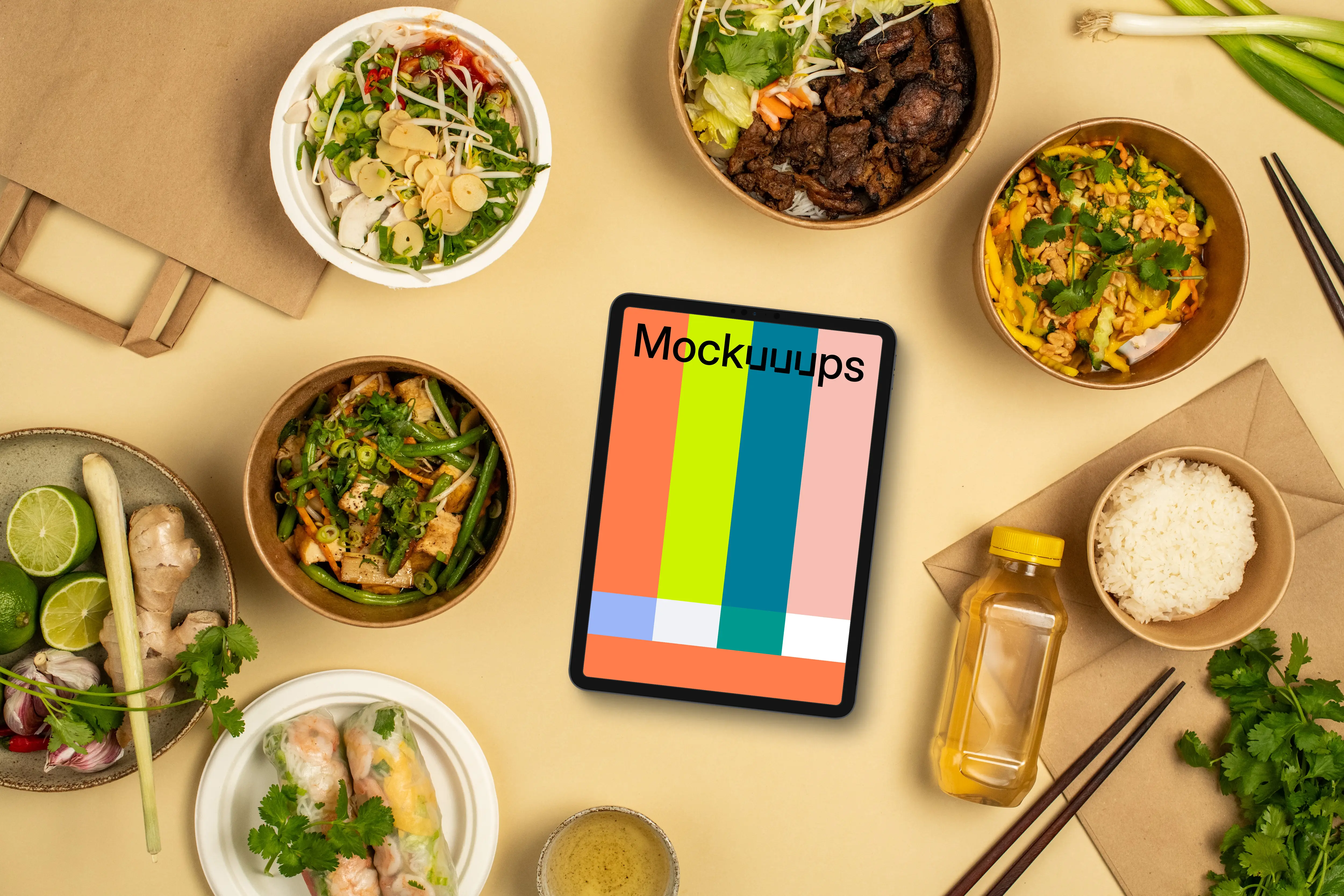 Tablet mockup surrounded by vietnamese food 