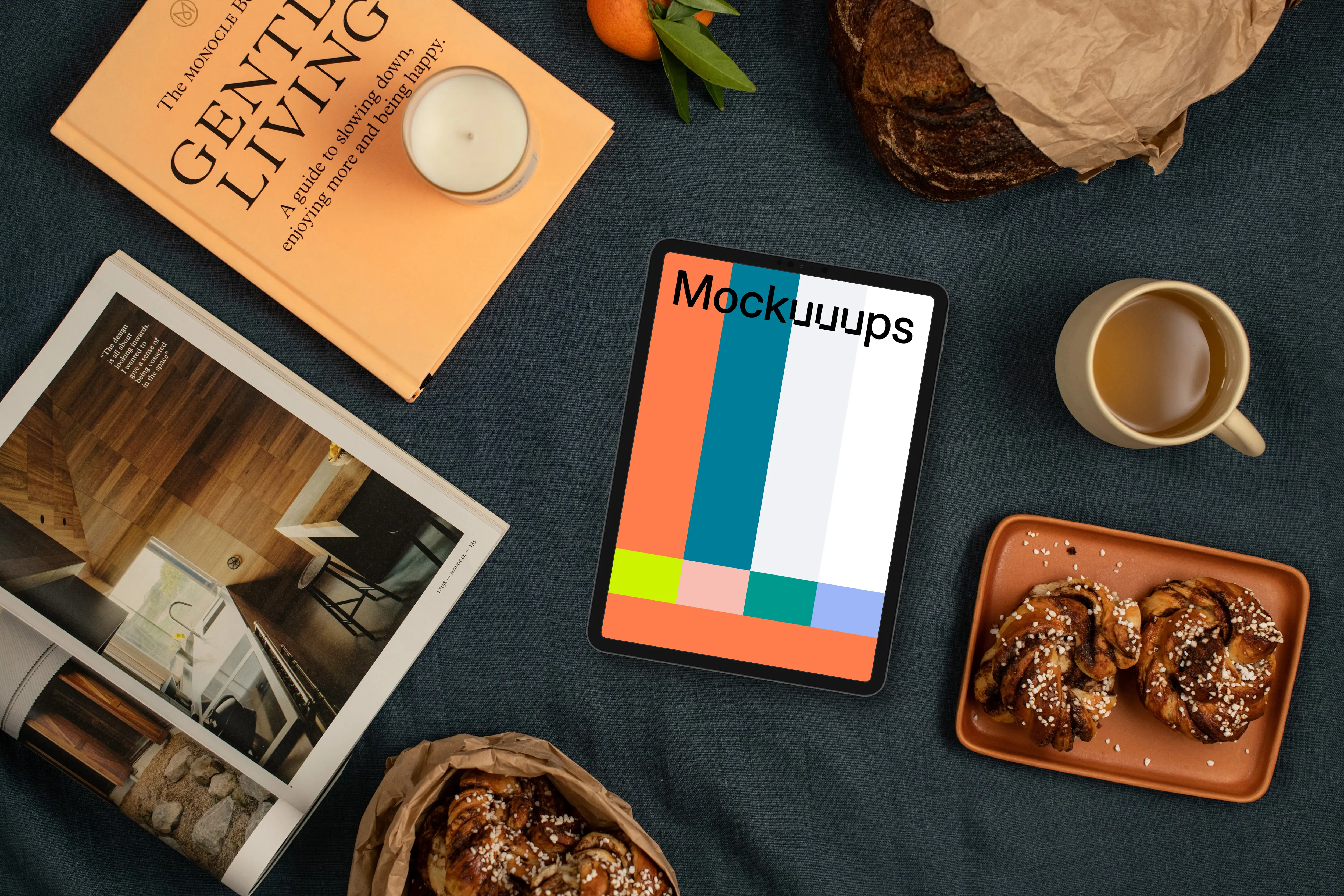 Tablet mockup with decorations and pastries
