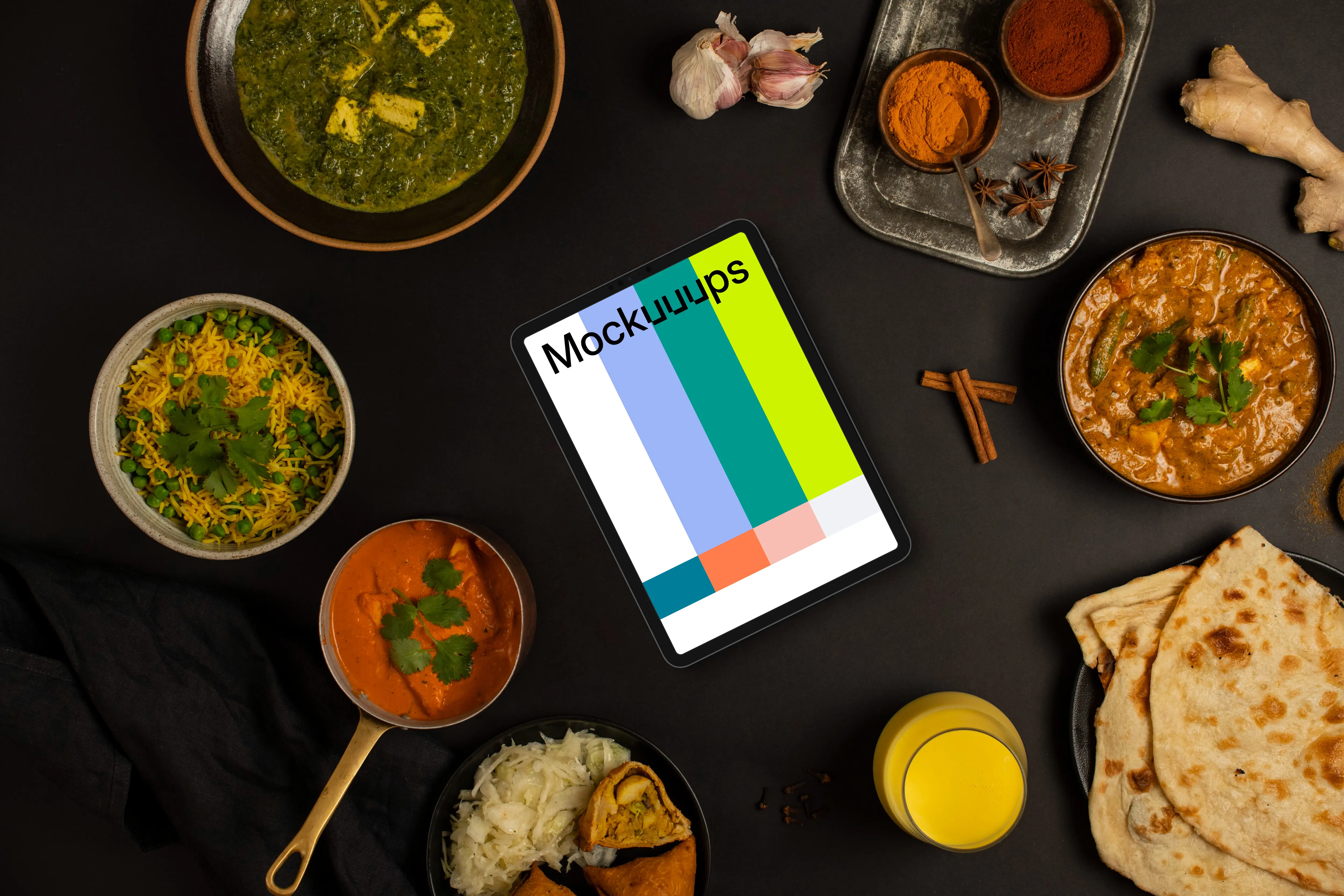 Tablet mockup with delicious Indian food
