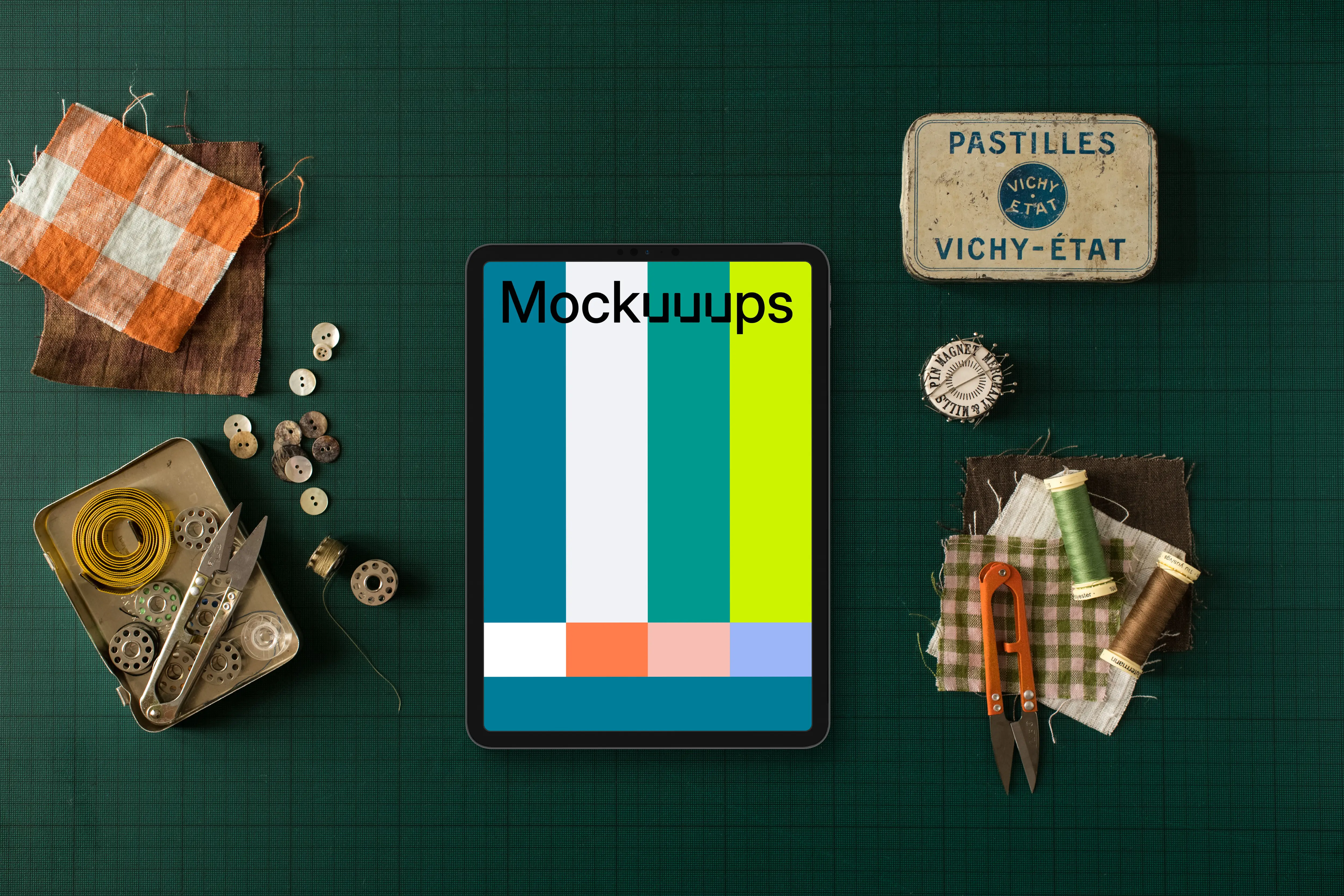 Tablet mockup with fabrics on the side