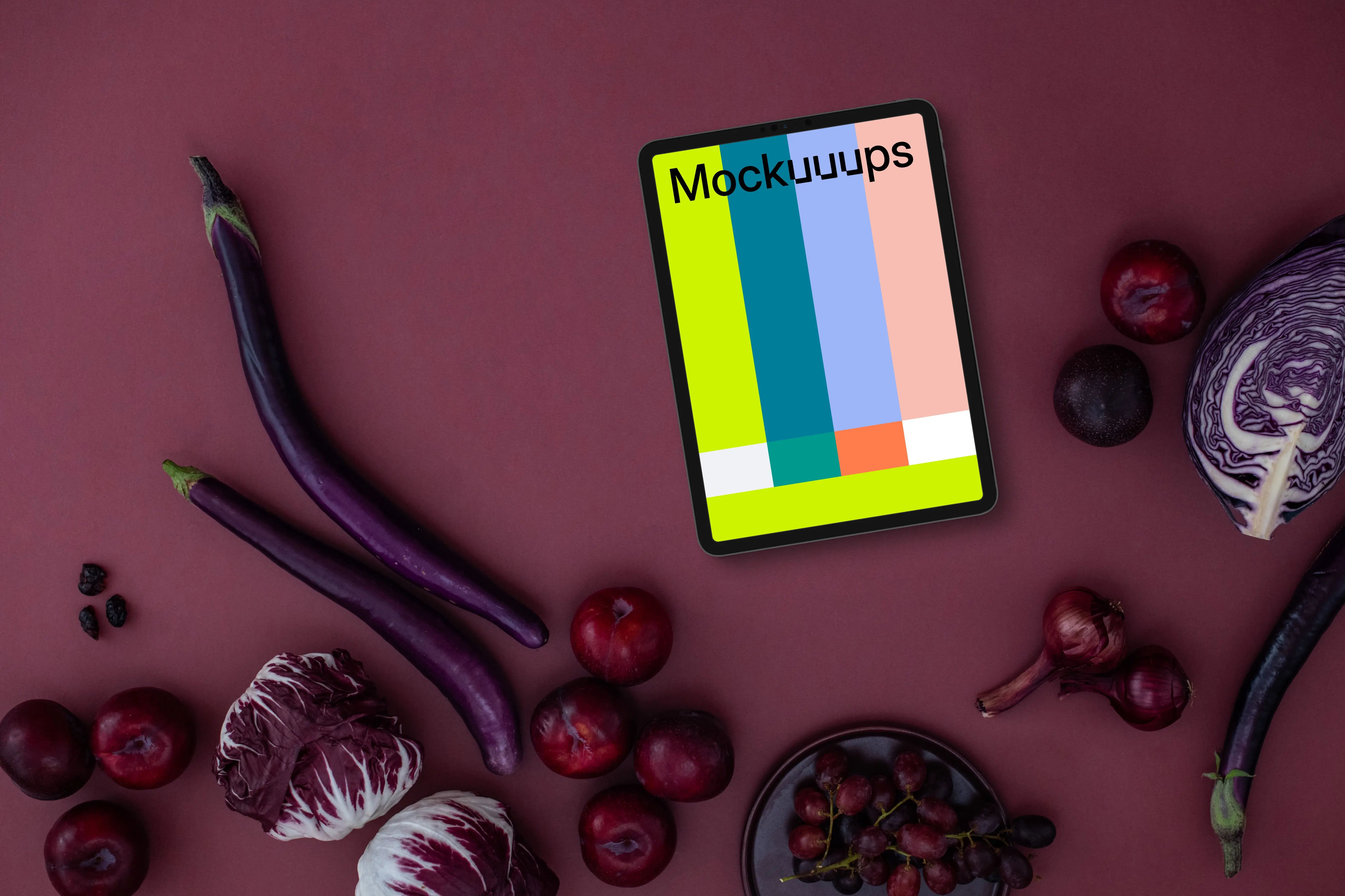 Tablet mockup with food in Viva Magenta color shade