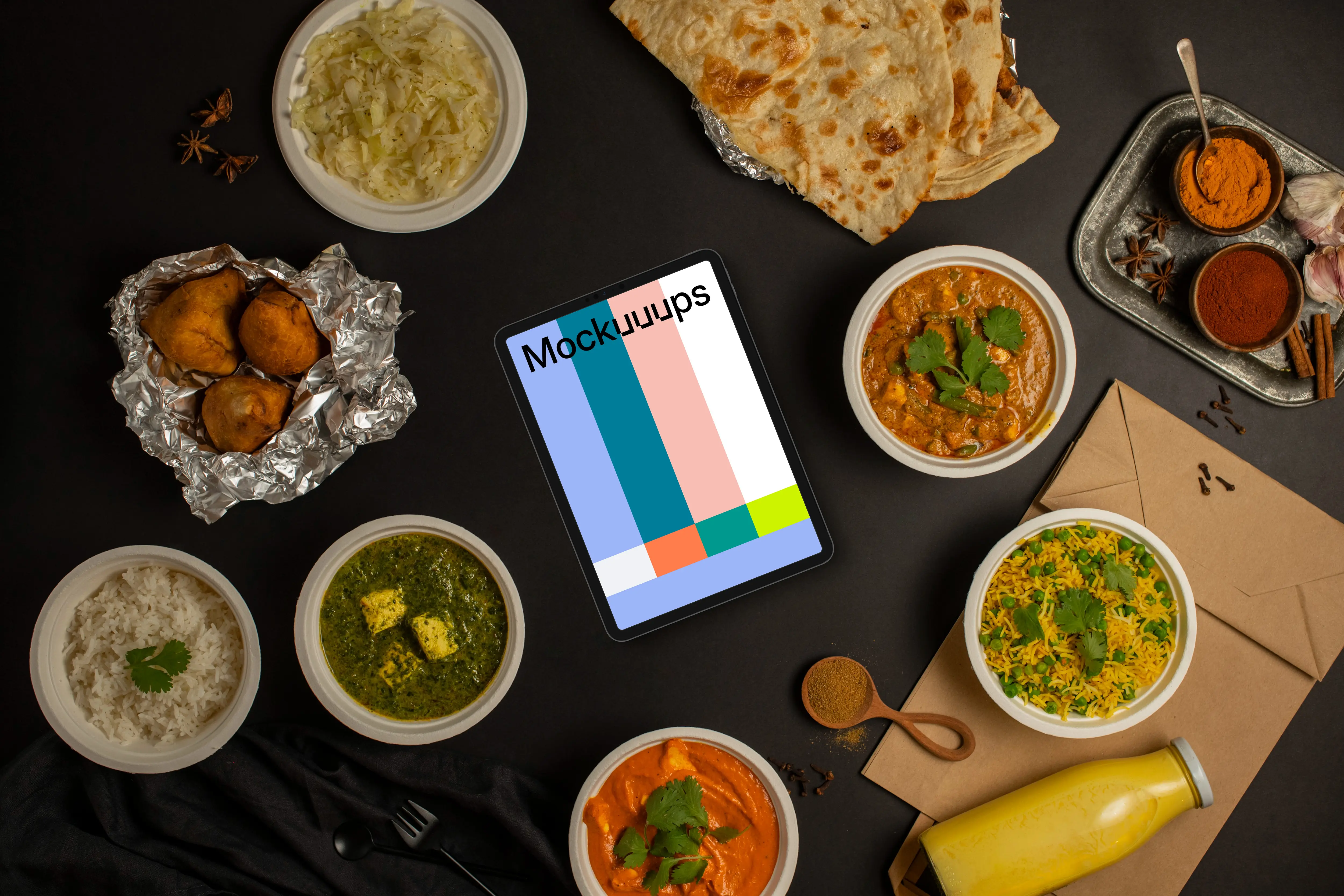 Tablet mockup with Indian cuisine essentials