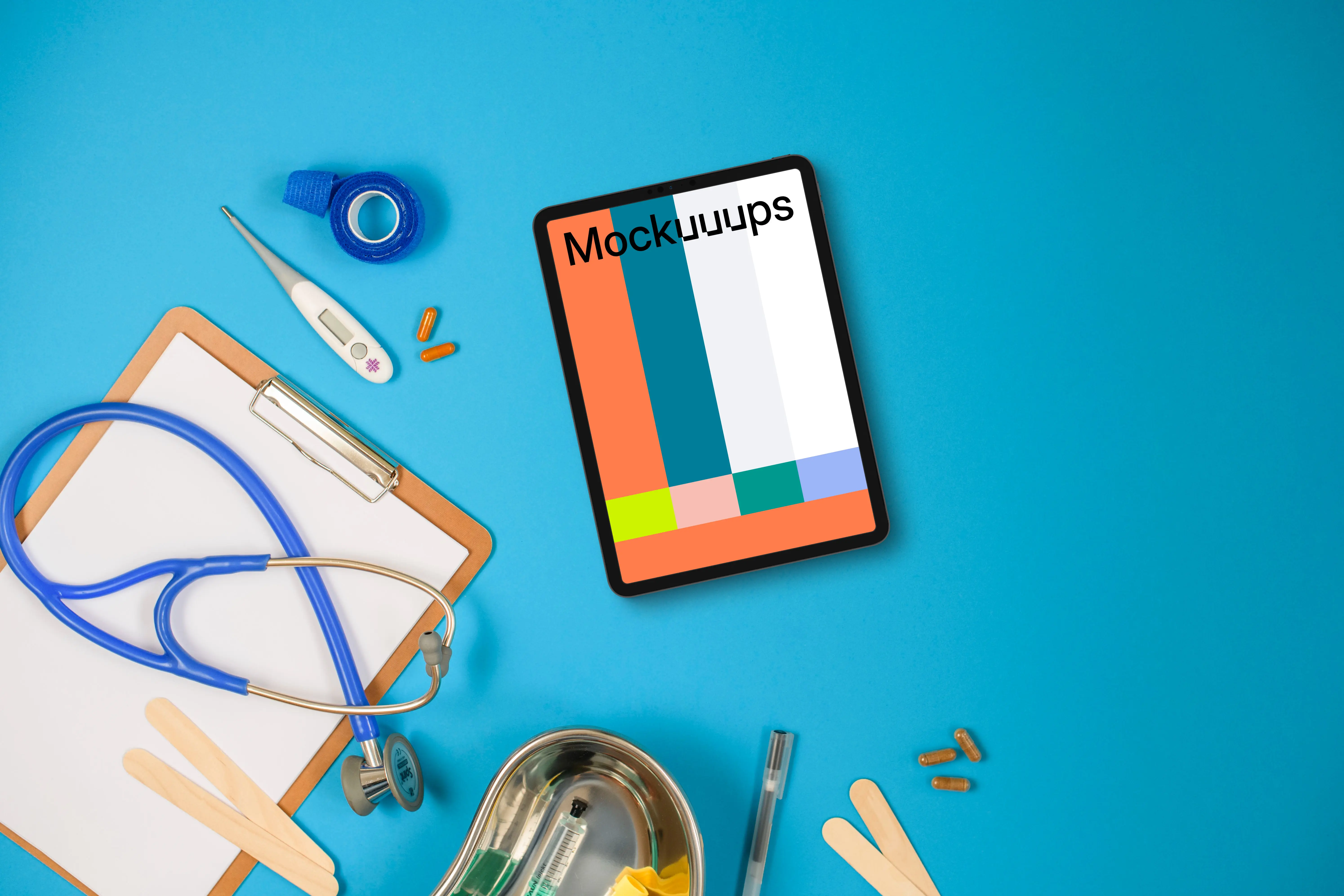 Tablet mockup with medical essentials