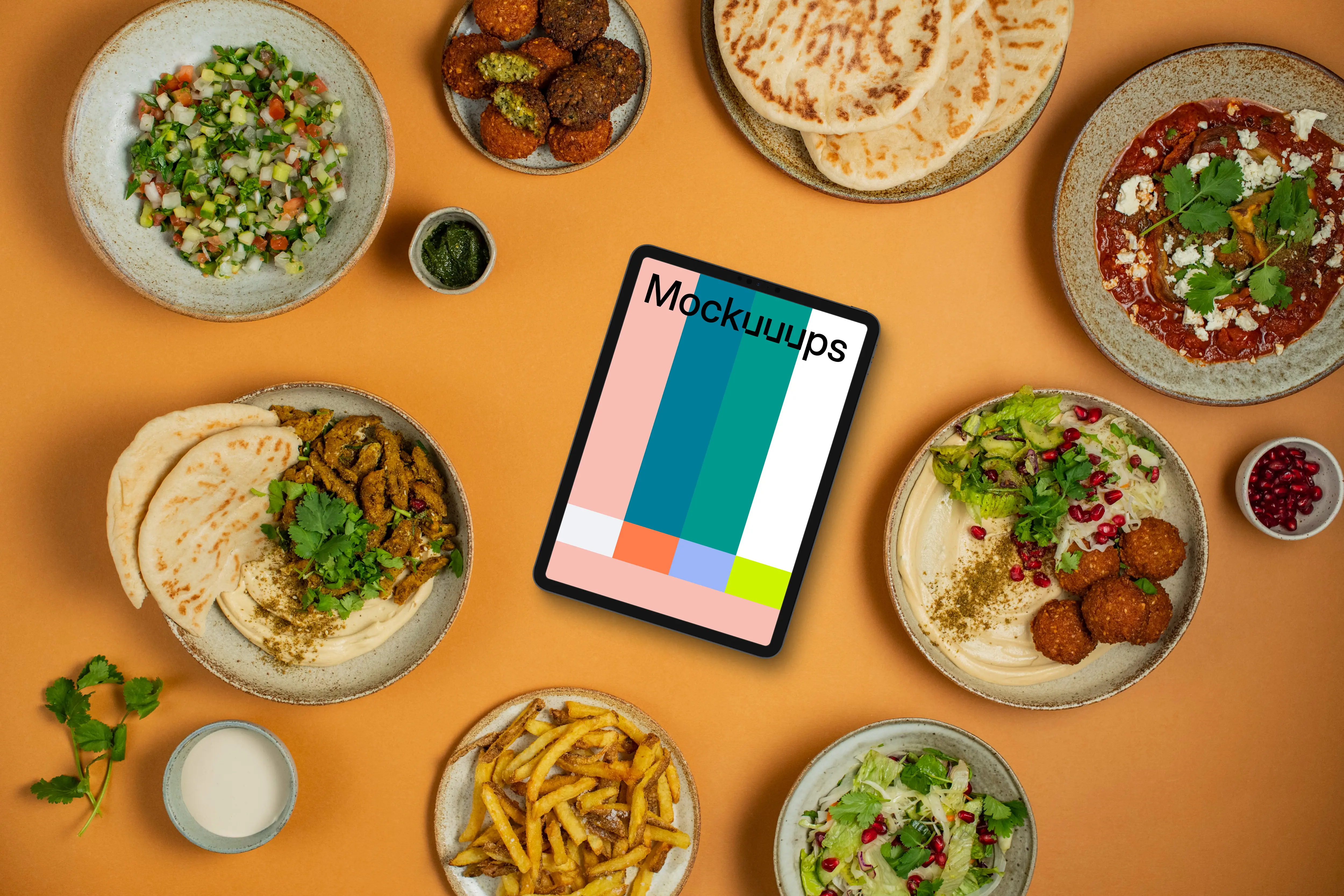 Tablet mockup with Middle Eastern food