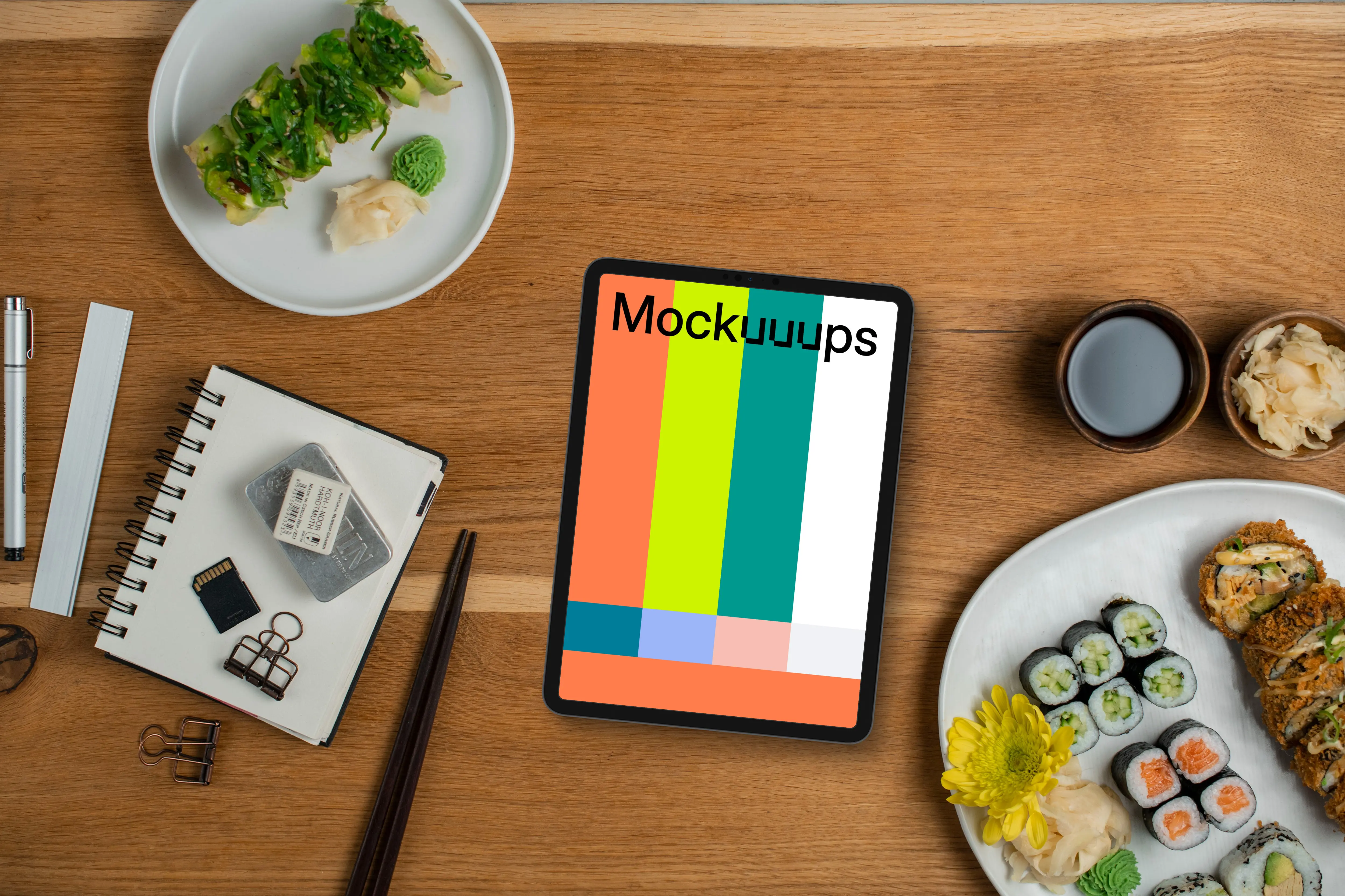 Tablet mockup with sushi