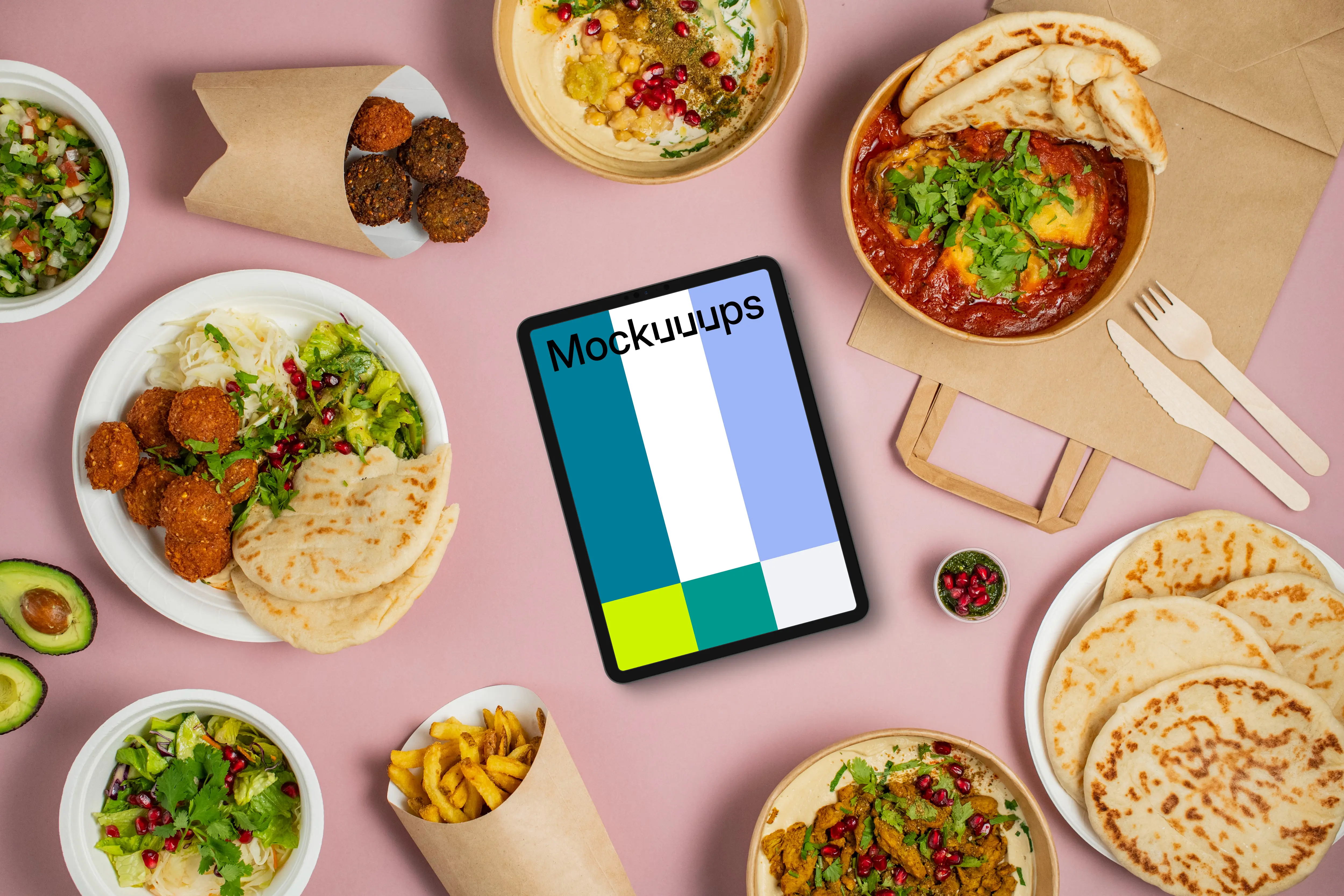 Tablet mockup with traditional Middle eastern dishes