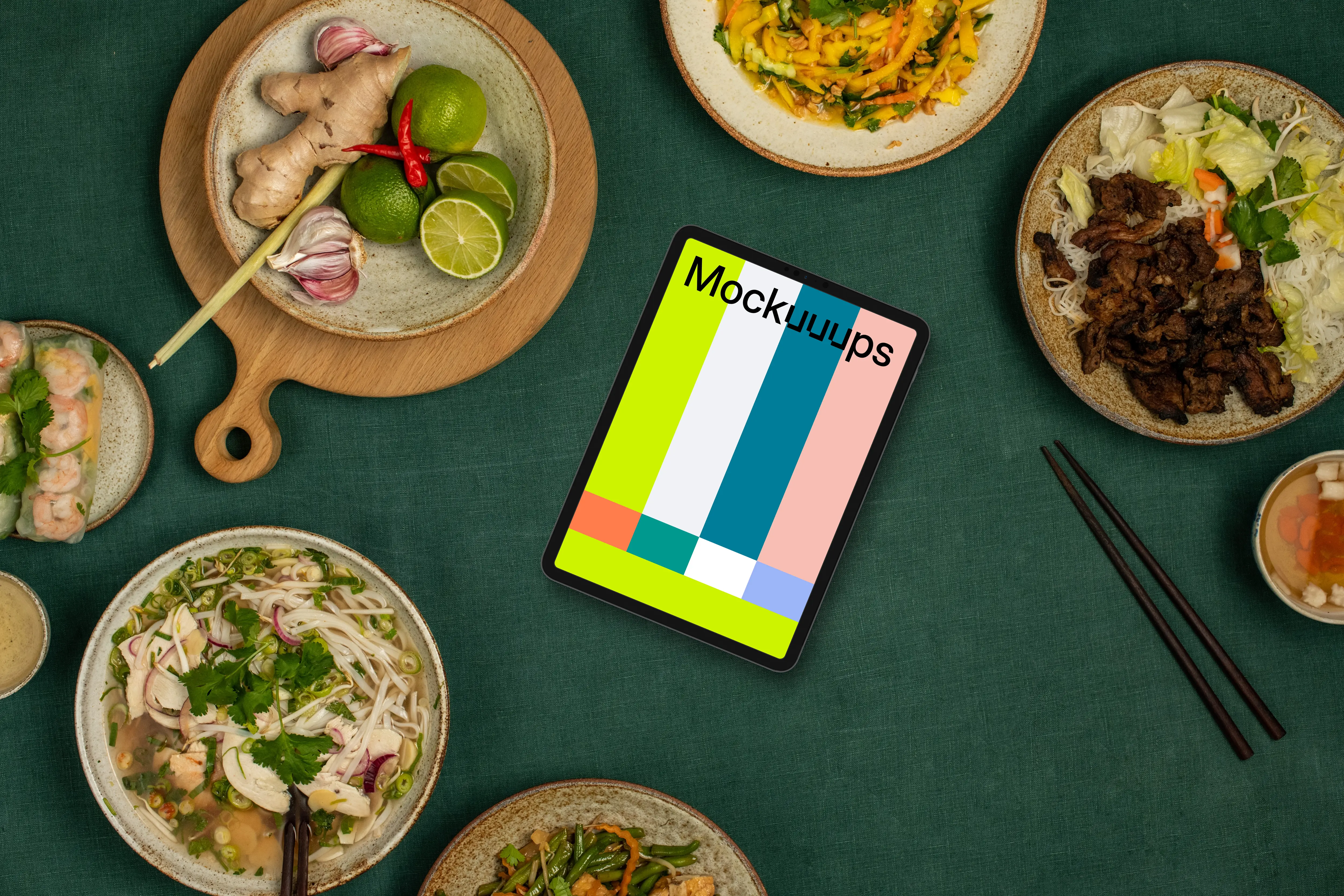Tablet mockup with vietnamese cuisine meals