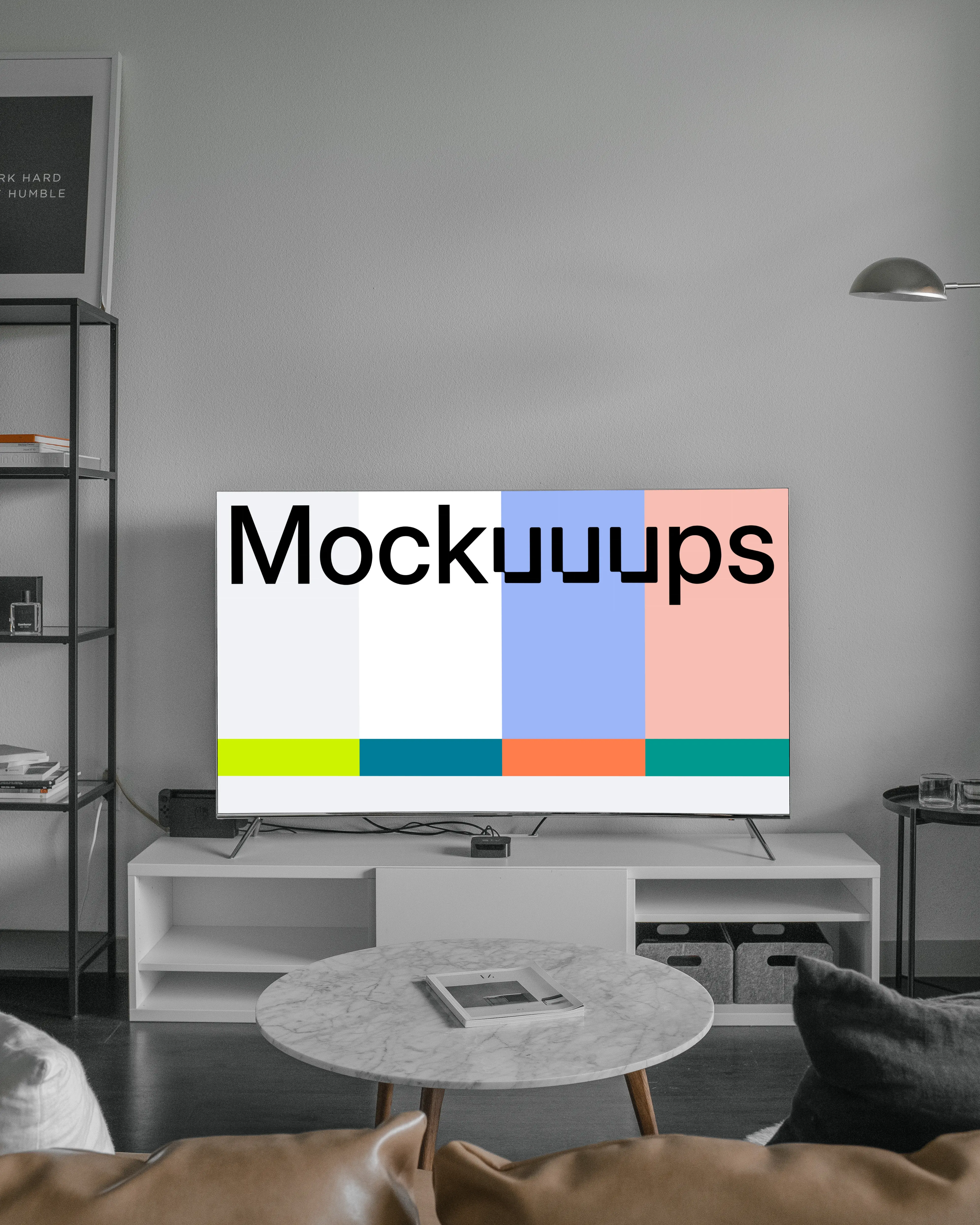 Television mockup on a white TV stand