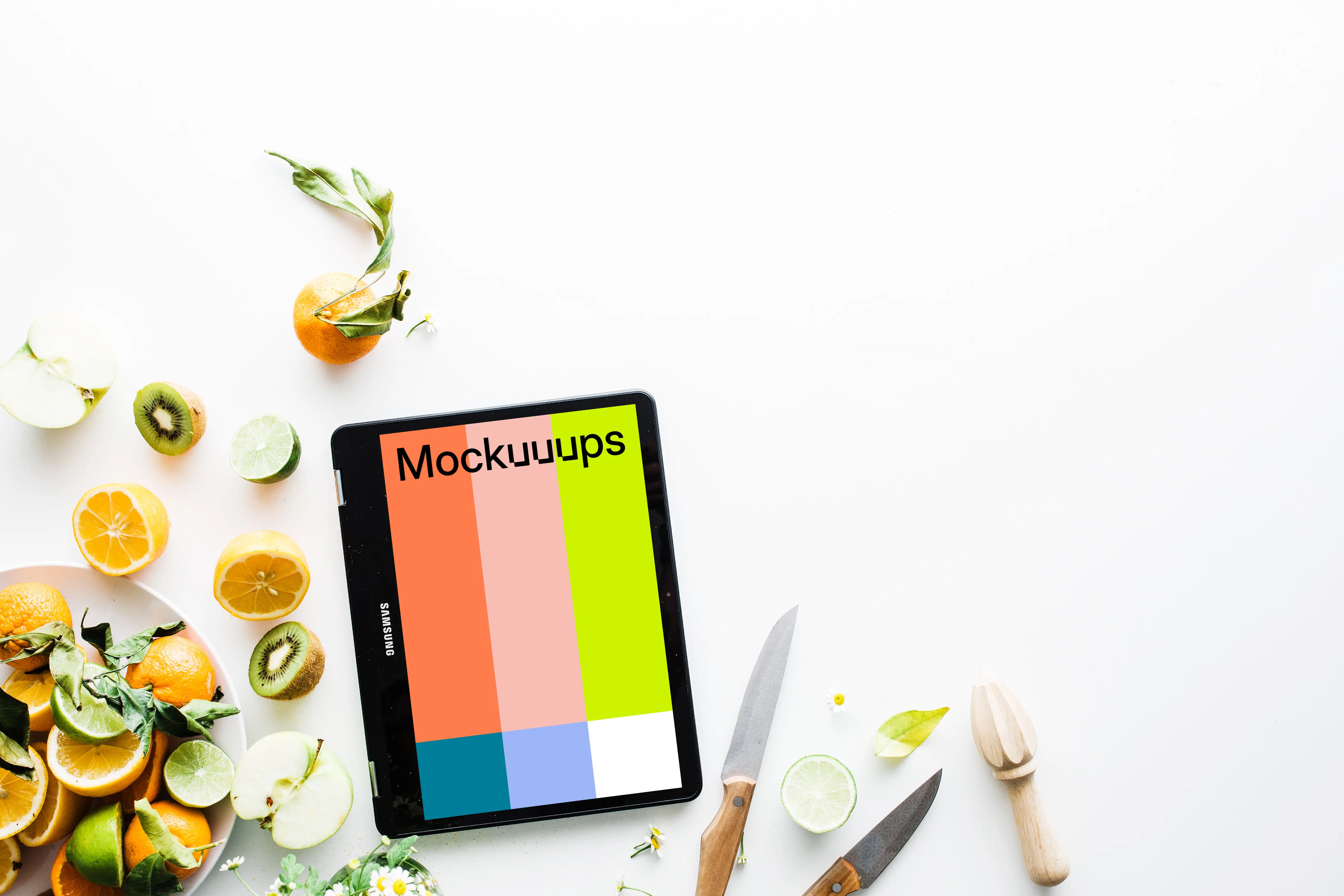 Top view mockup of Samsung Chromebook mockup on white table