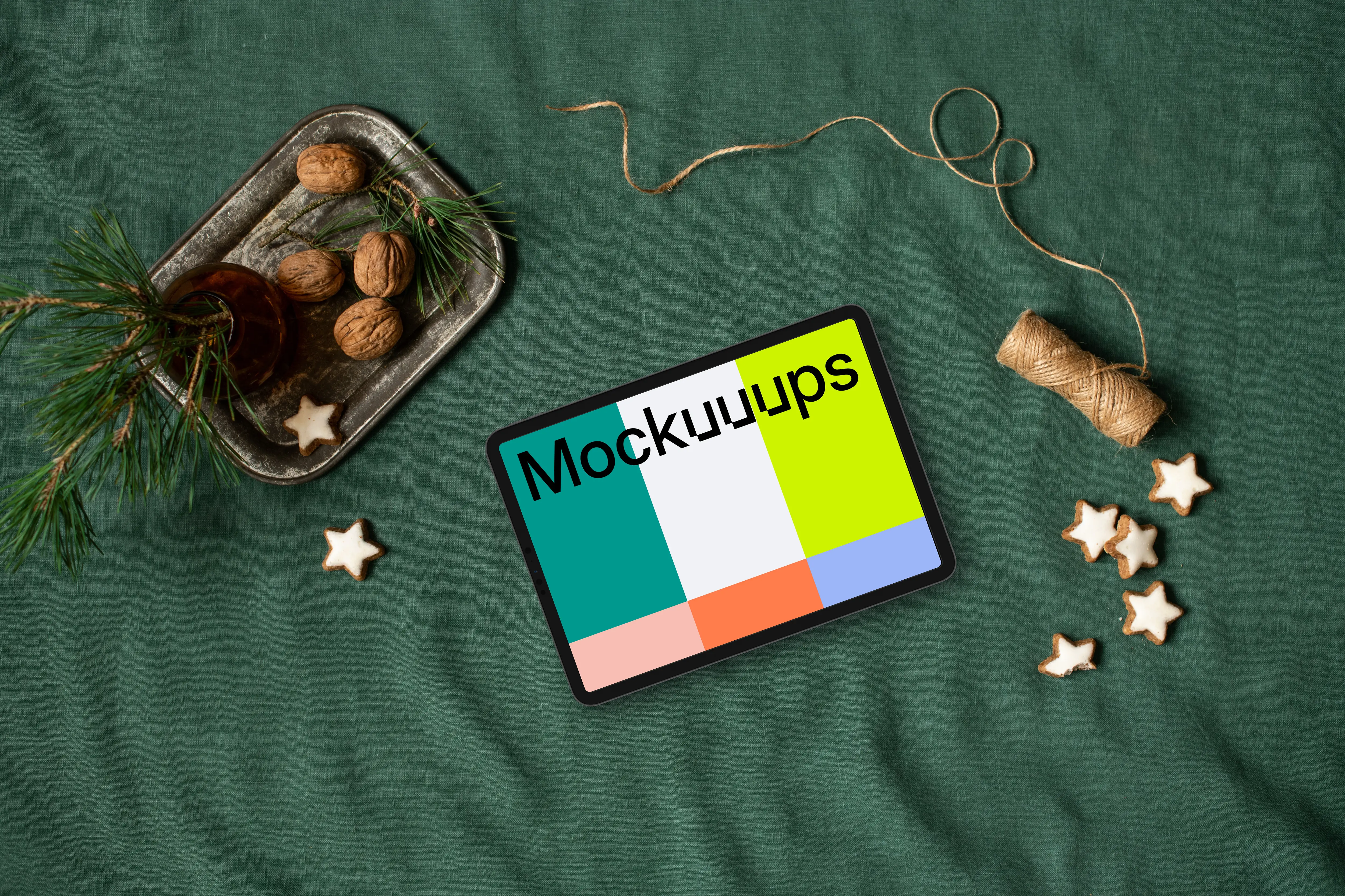 Top view of landscape tablet mockup with christmas design