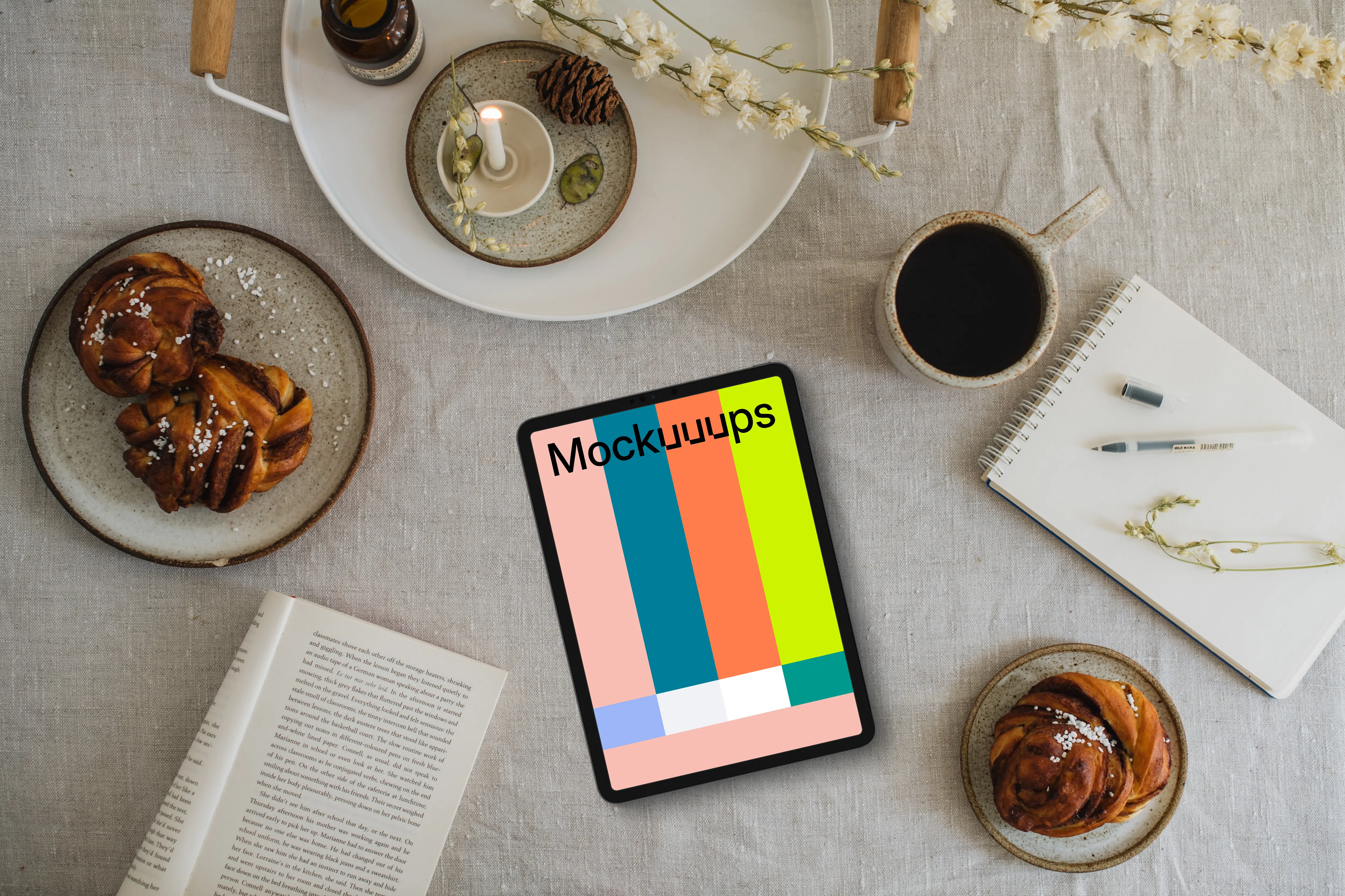 Top view of tablet mockup on the dinning table