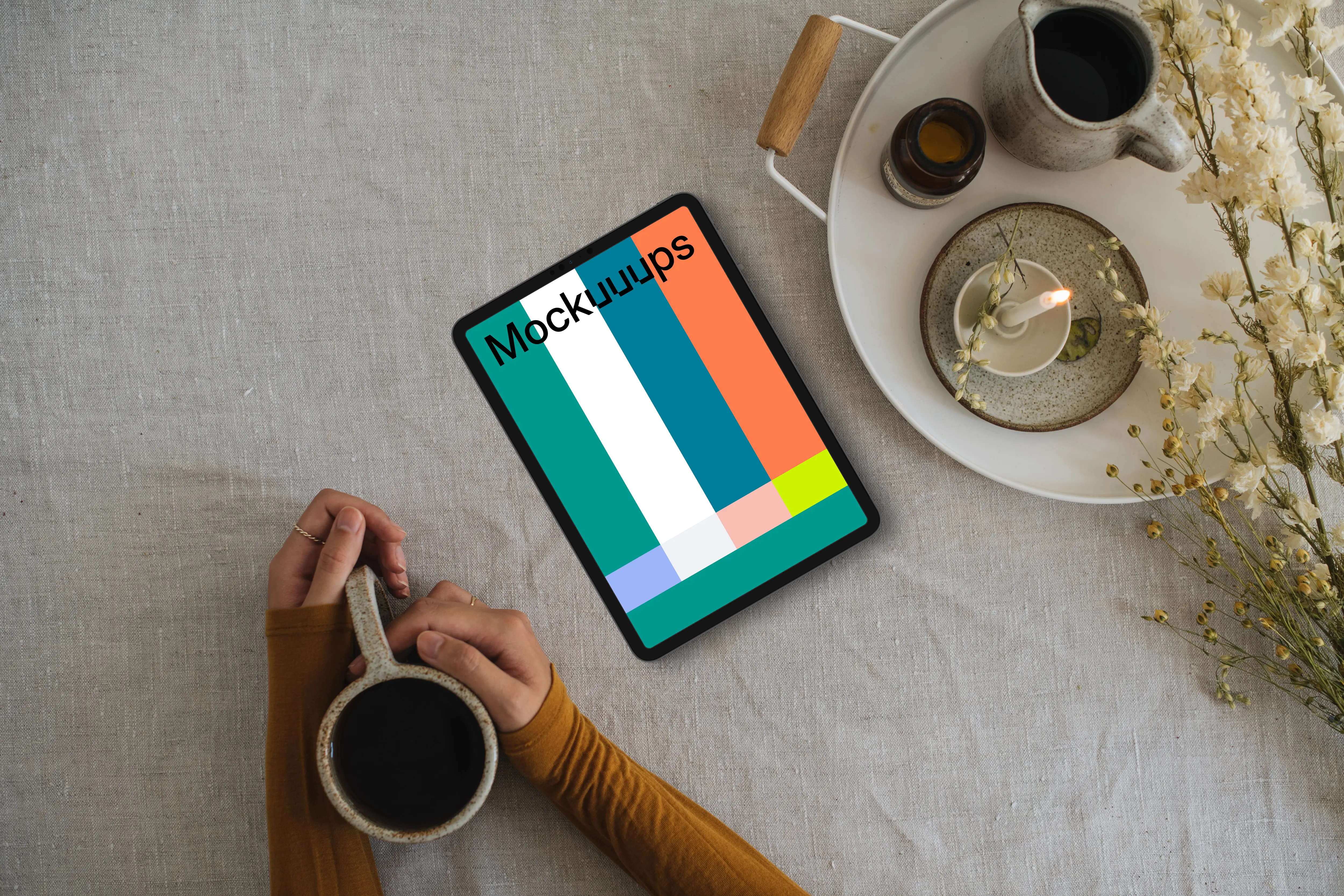 Top view of woman reading on tablet mockup