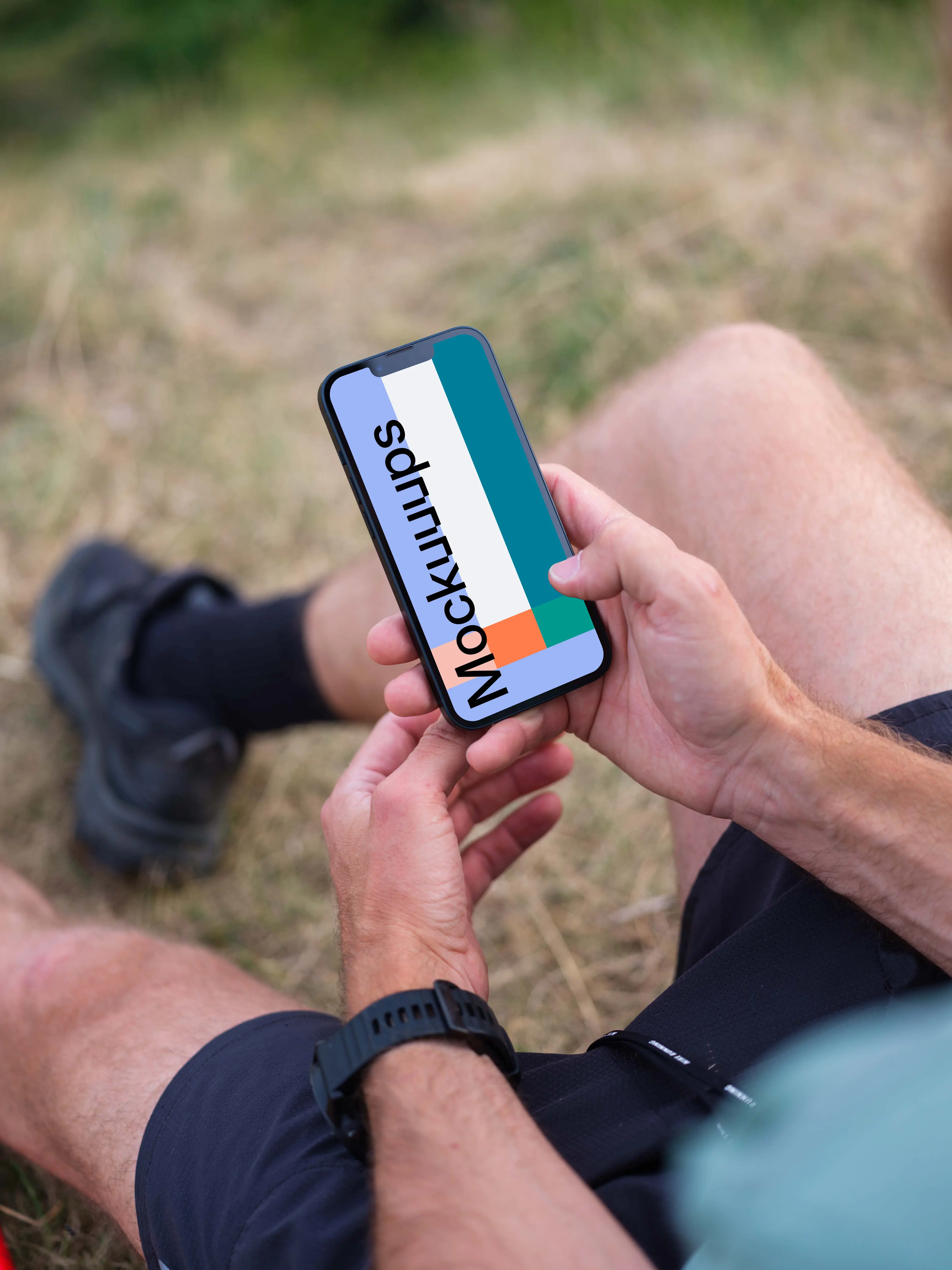 Trail runner typing on smartphone mockup
