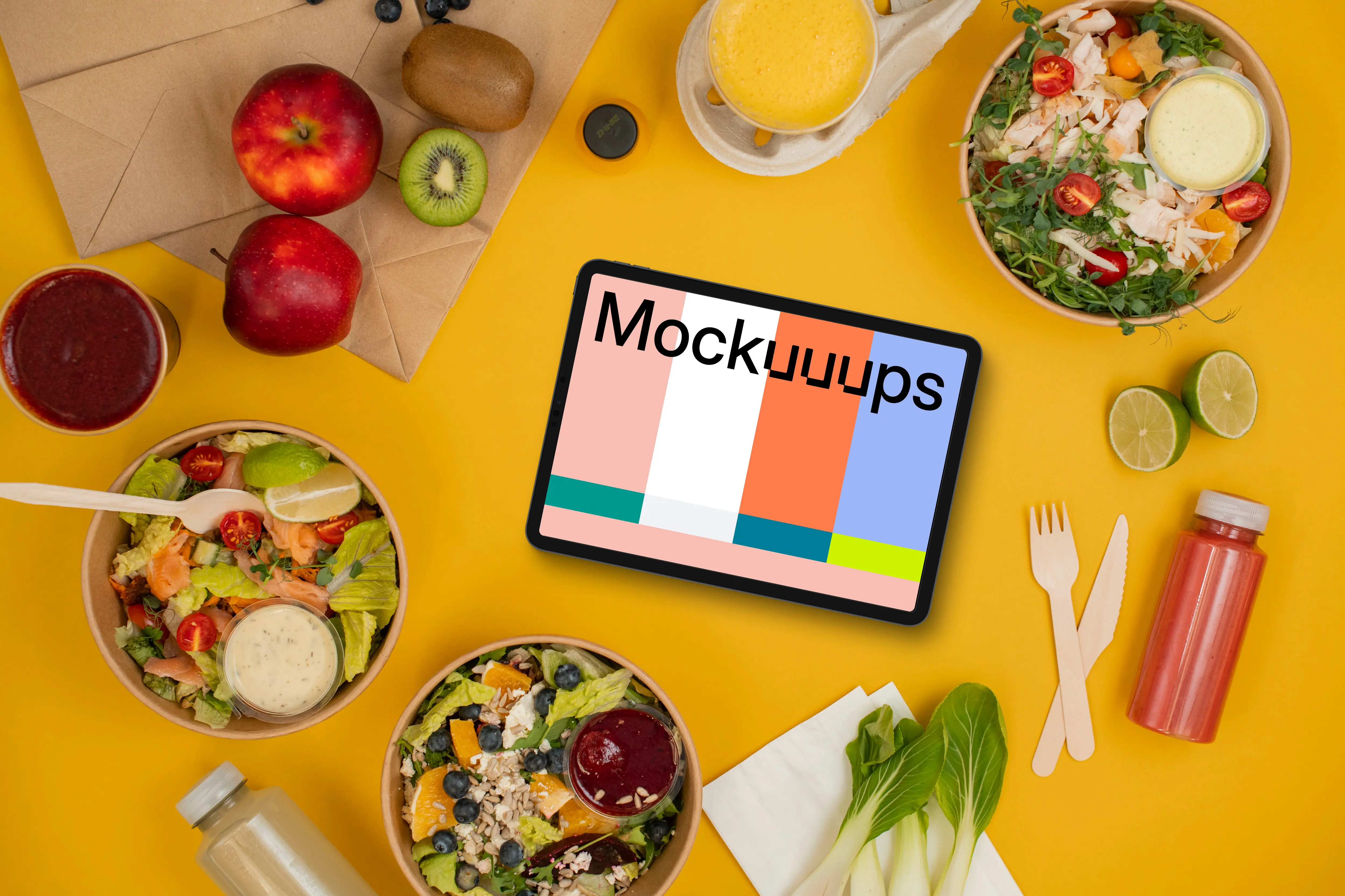 Variety of salads placed around tablet mockup