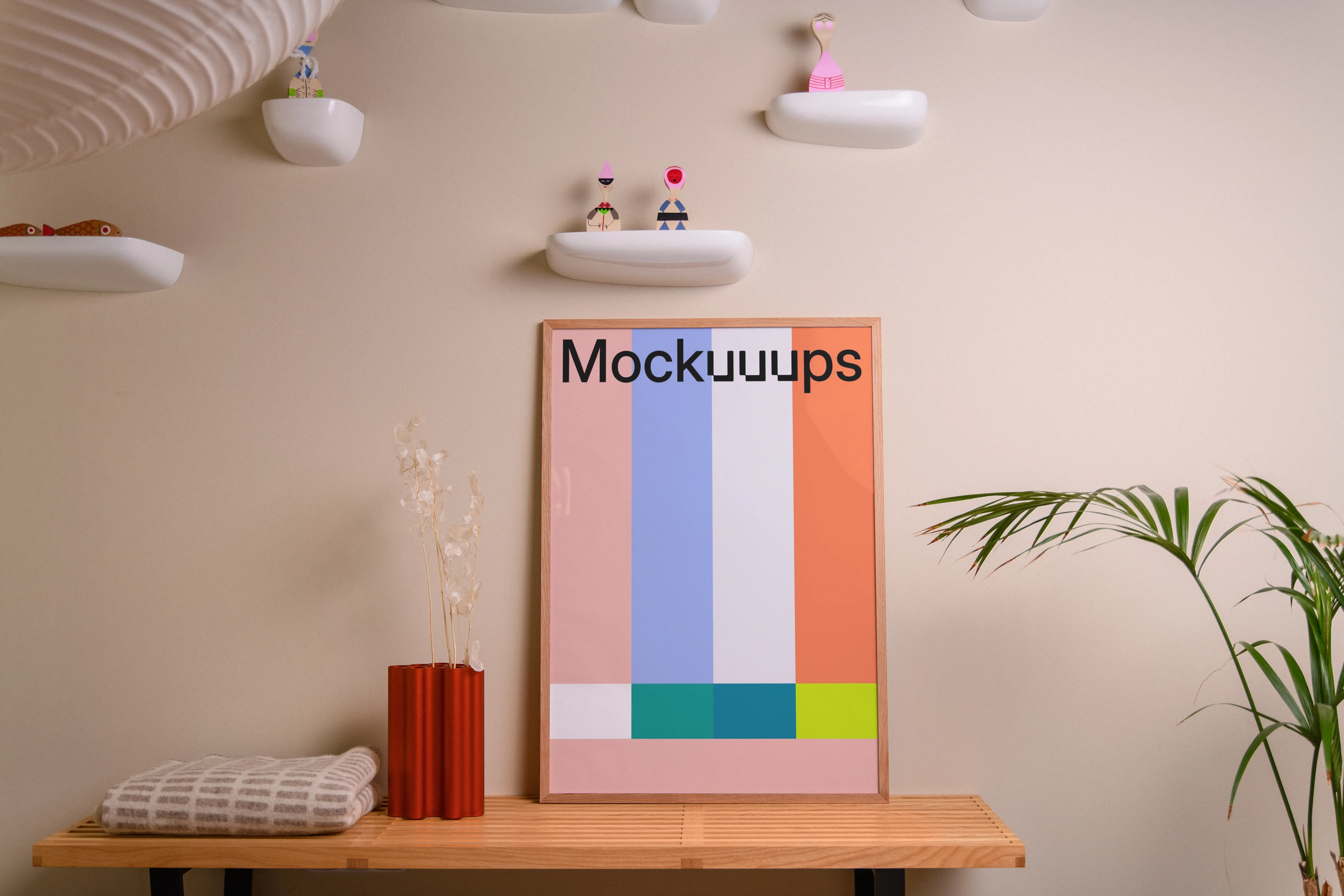 Vertical poster mockup on wooden console with decor