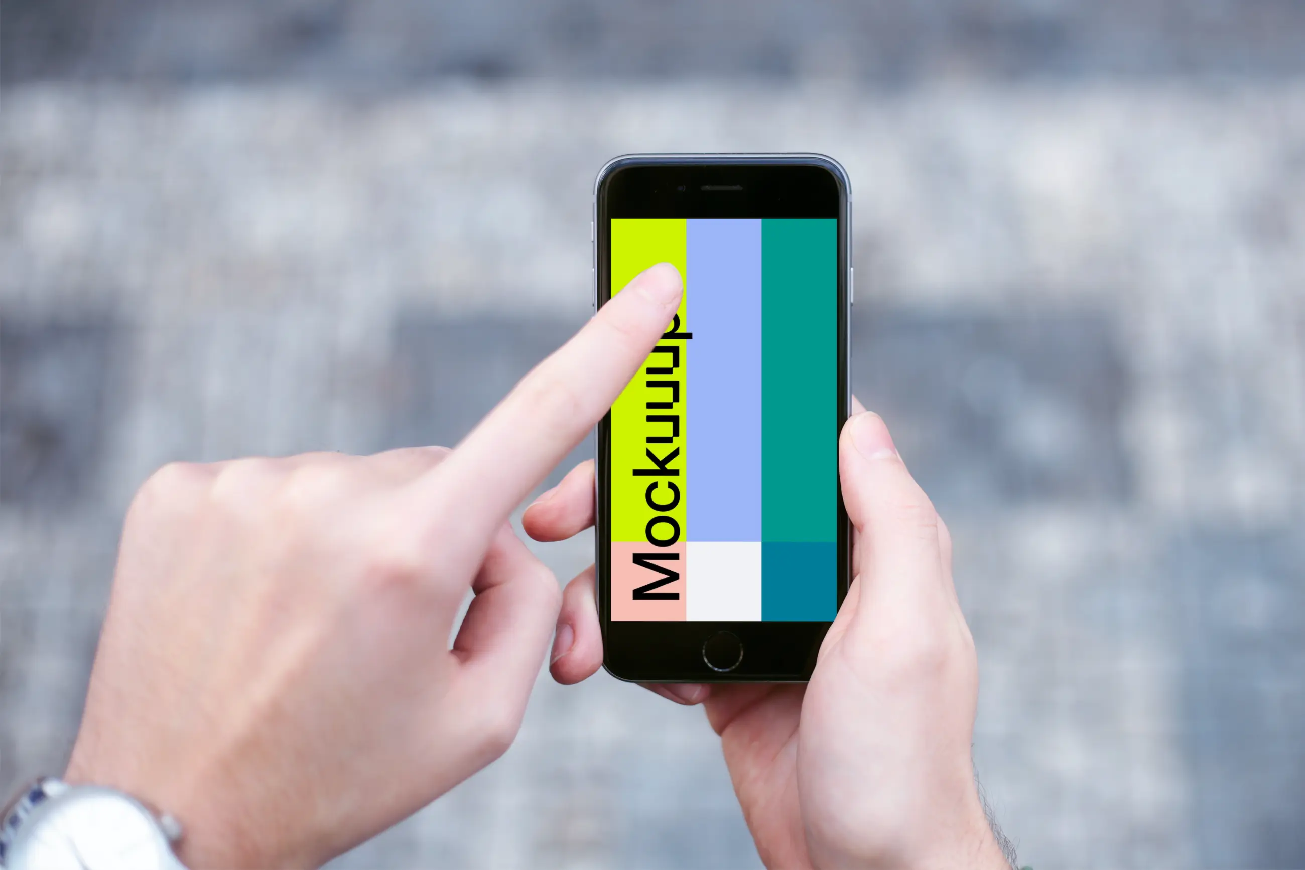 Walking and pointing to screen on iPhone 6 mockup