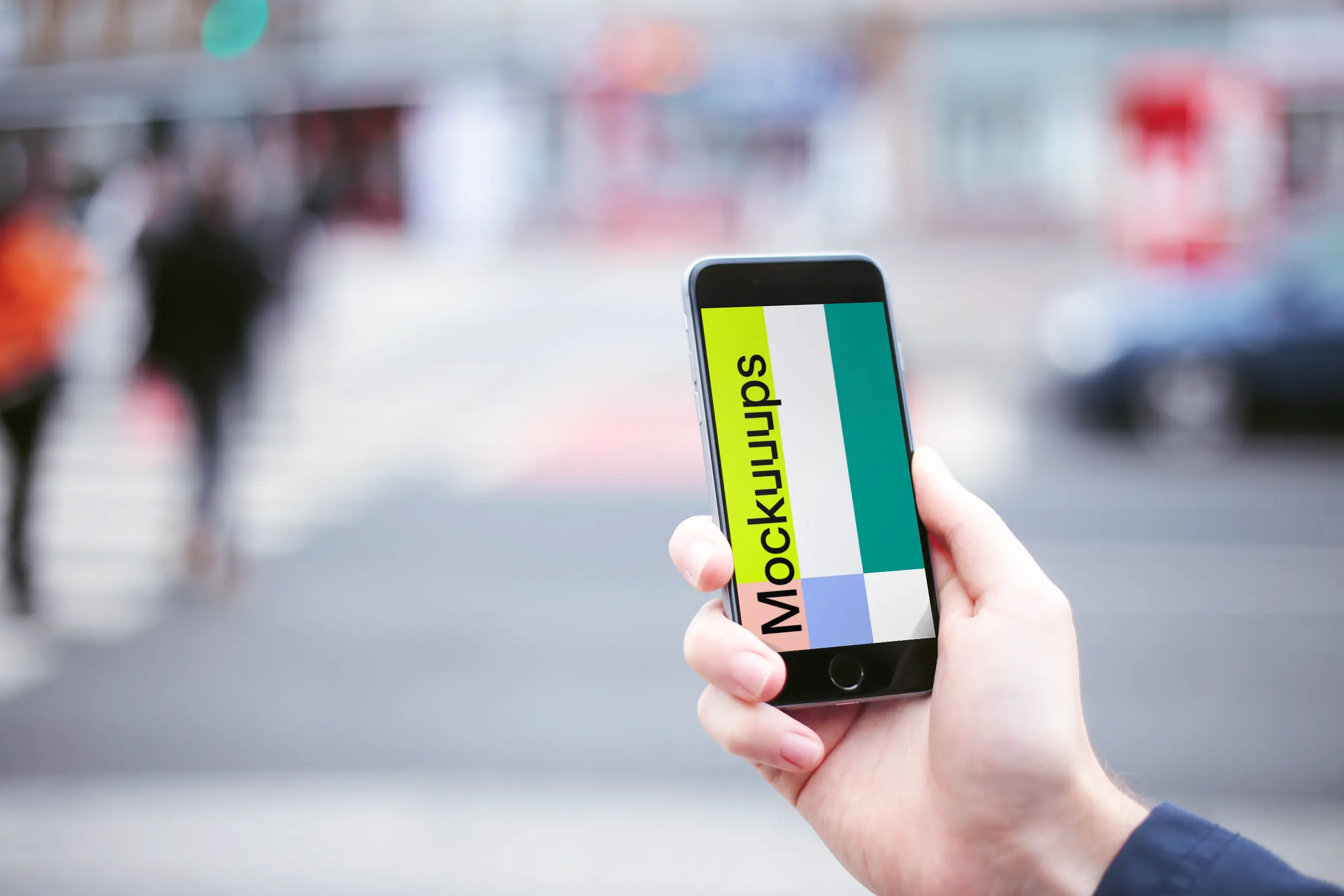 Walking with iPhone 6 mockup on crosswalk