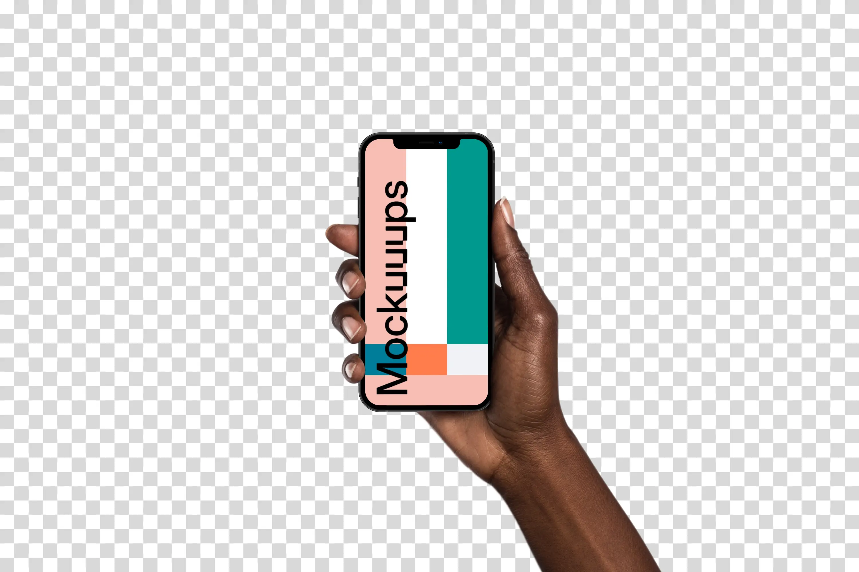 Woman hand holding iPhone 12 mockup (Black skin)