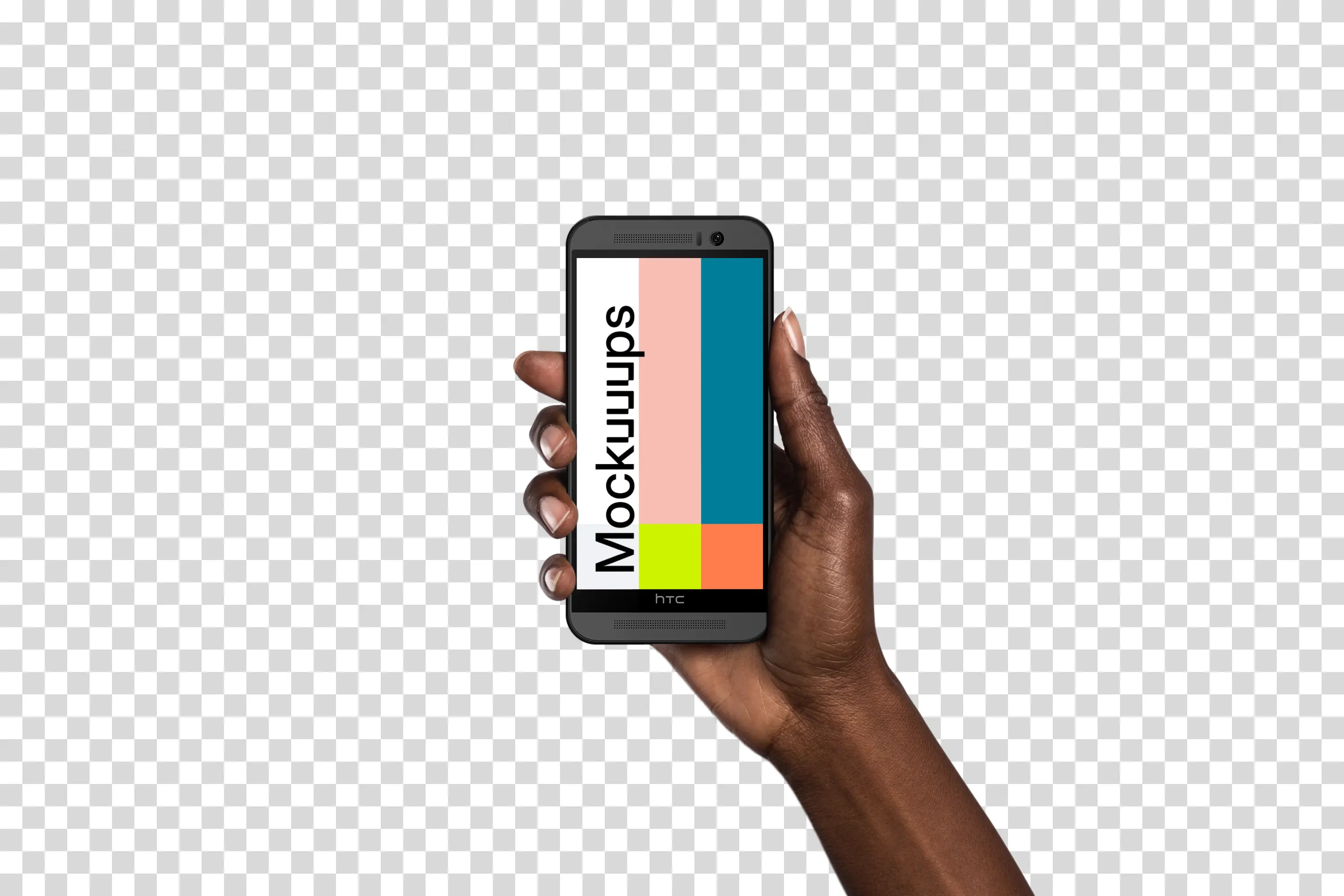 Woman holding HTC One mockup (Black skin)