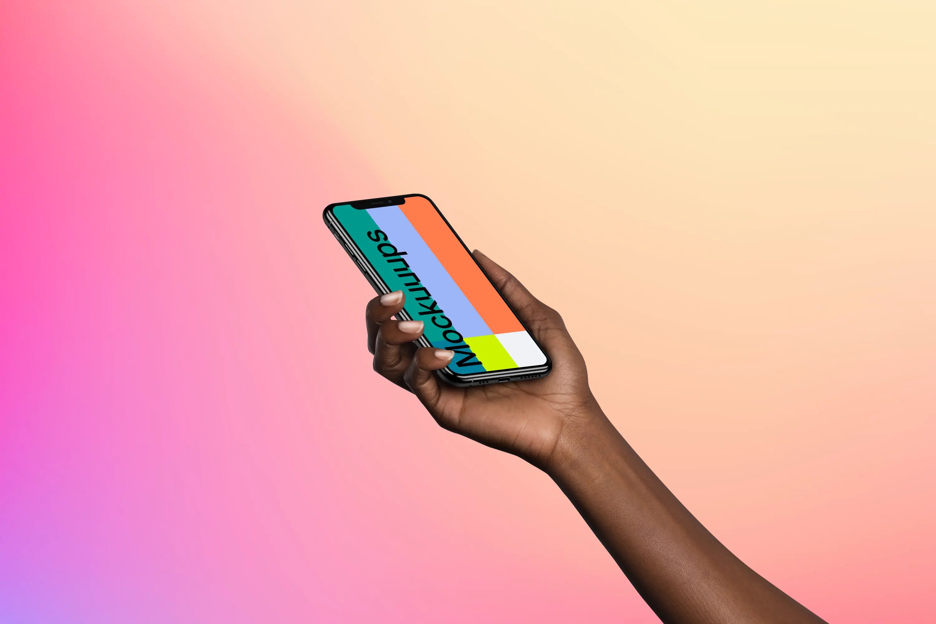 Woman holding iPhone XS mockup (Perspective - Gradient 2)