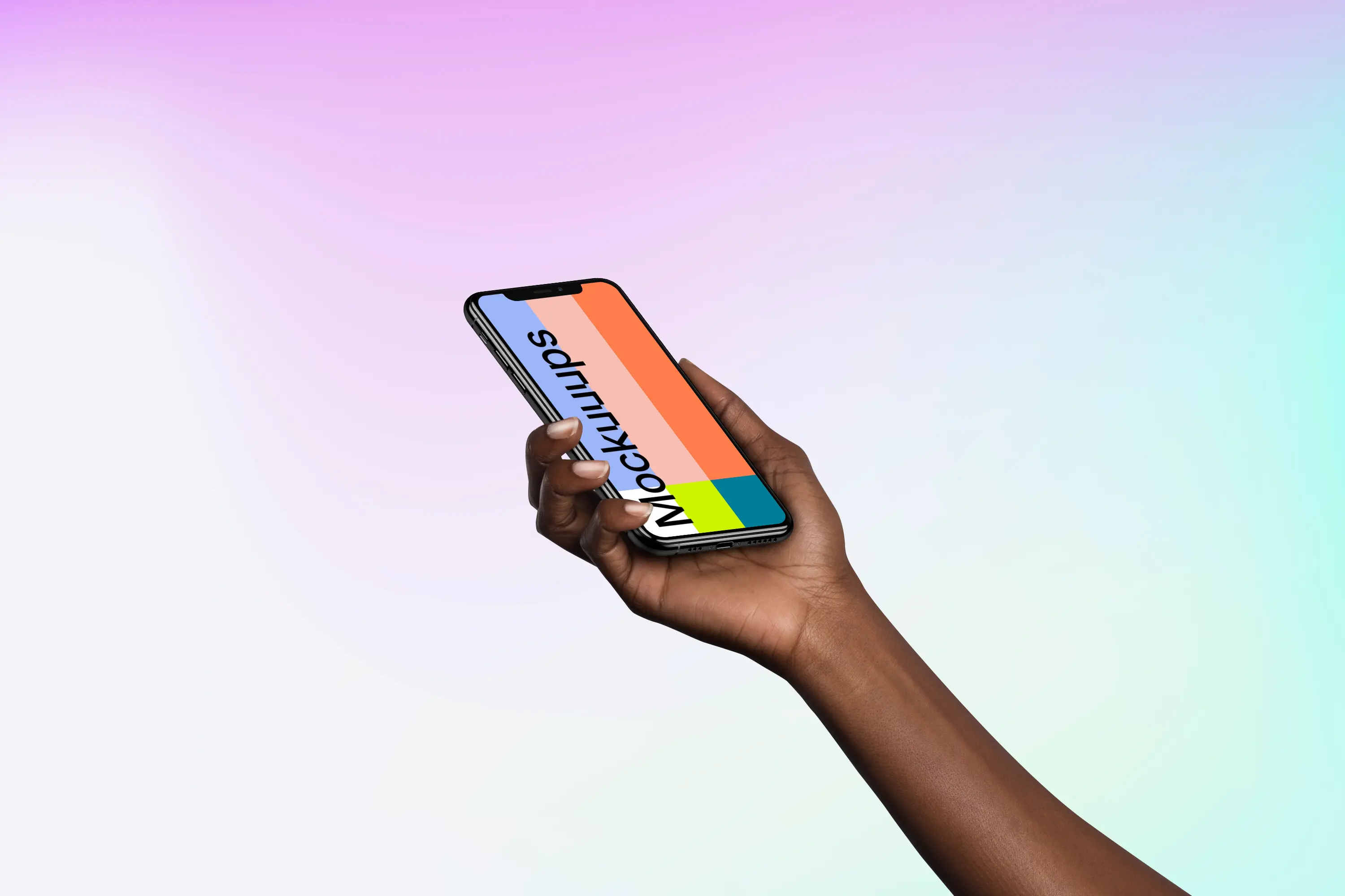 Woman holding iPhone XS mockup (Perspective - Gradient 3)