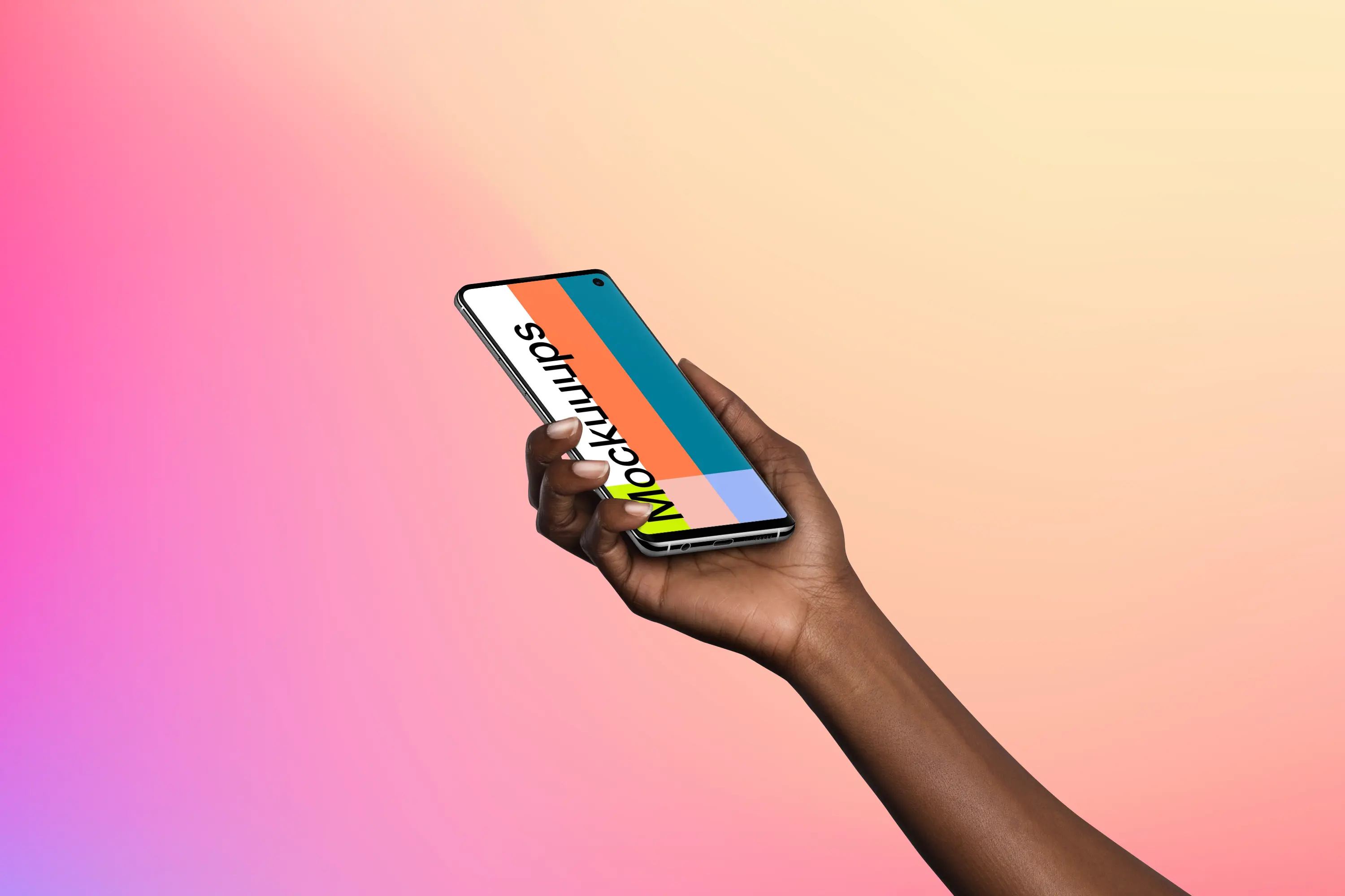 Woman holding Samsung Galaxy S10 mockup (Perspective - Gradient 2)