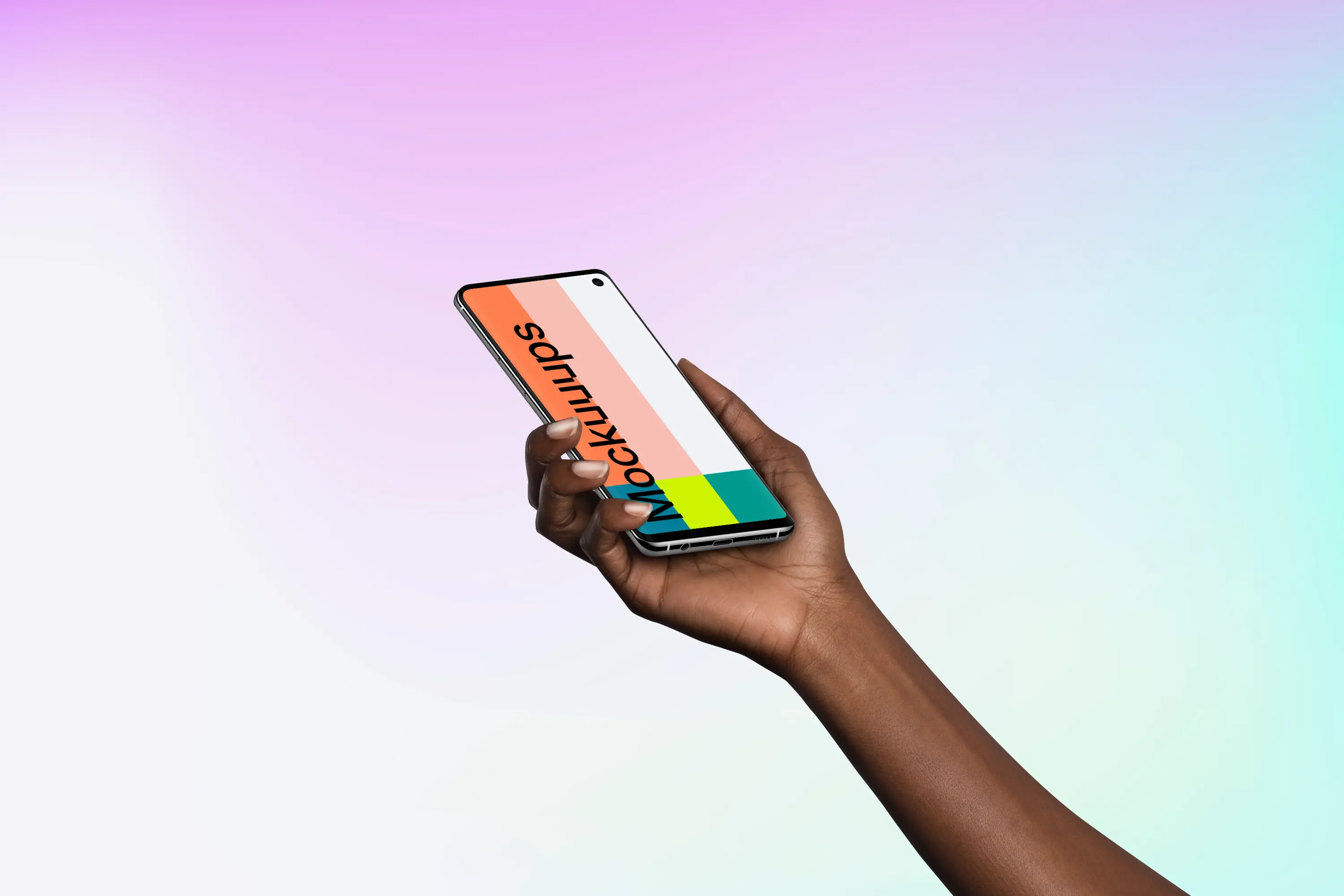 Woman holding Samsung Galaxy S10 mockup (Perspective - Gradient 3)