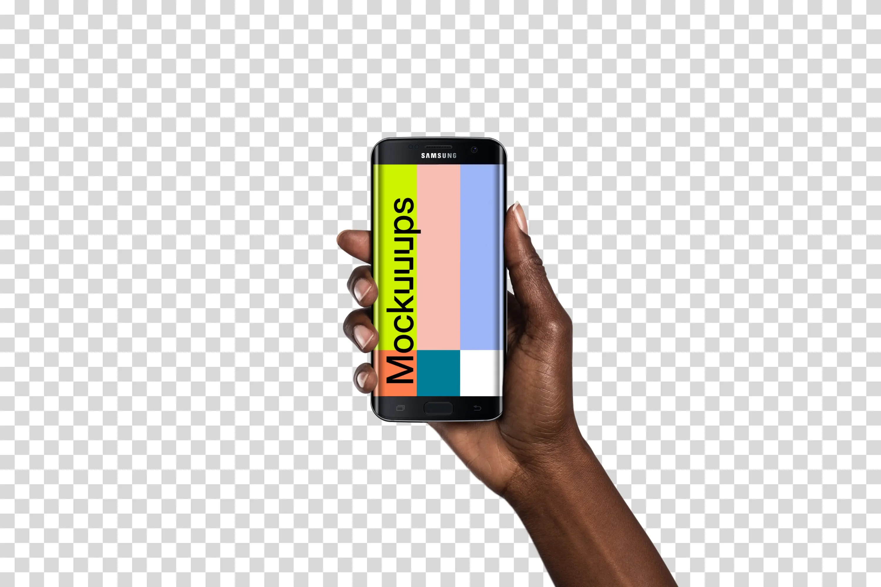 Woman holding Samsung Galaxy S7 Black Mockup (Black skin)