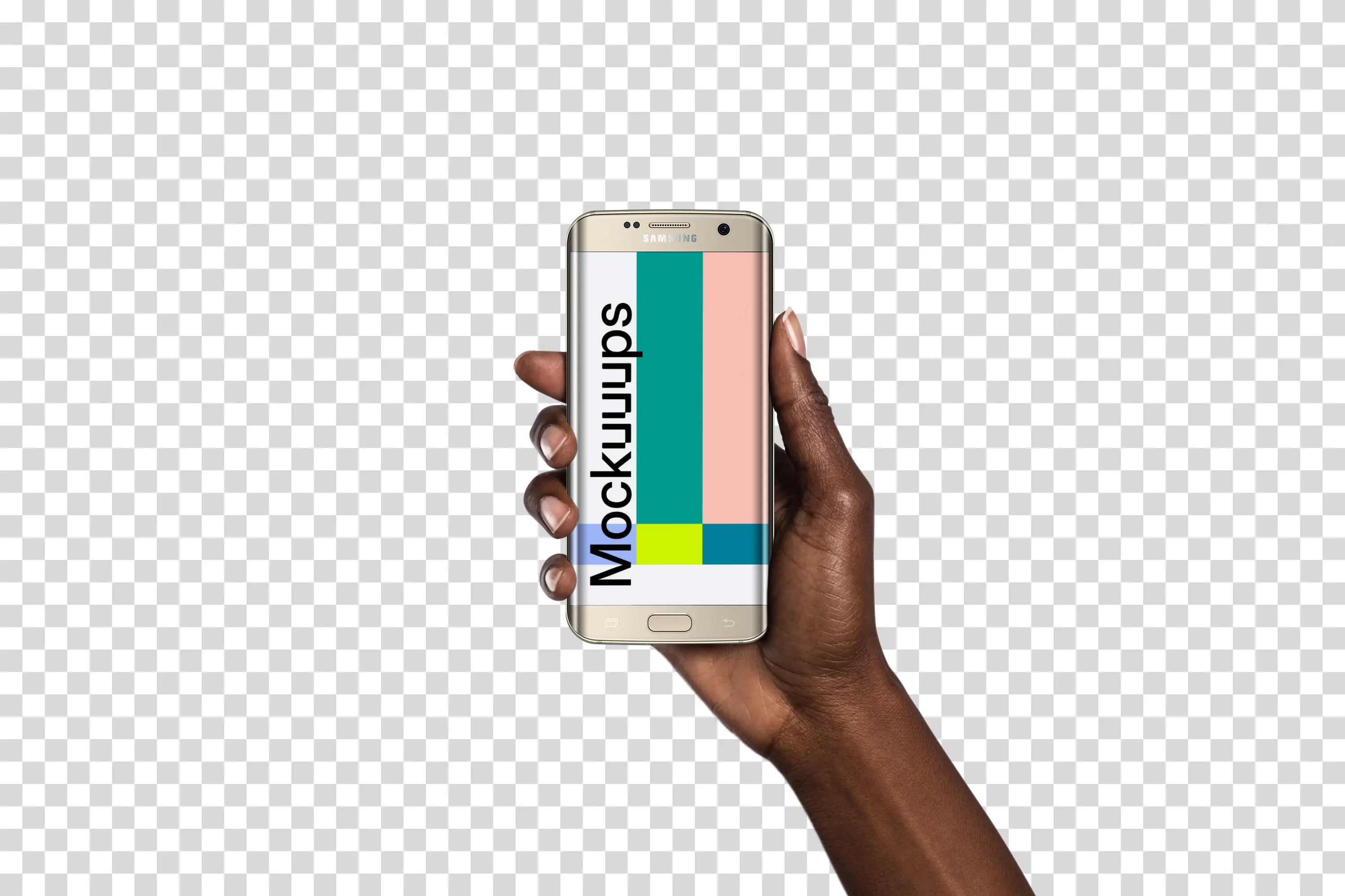 Woman holding Samsung Galaxy S7 Gold Mockup (Black skin)