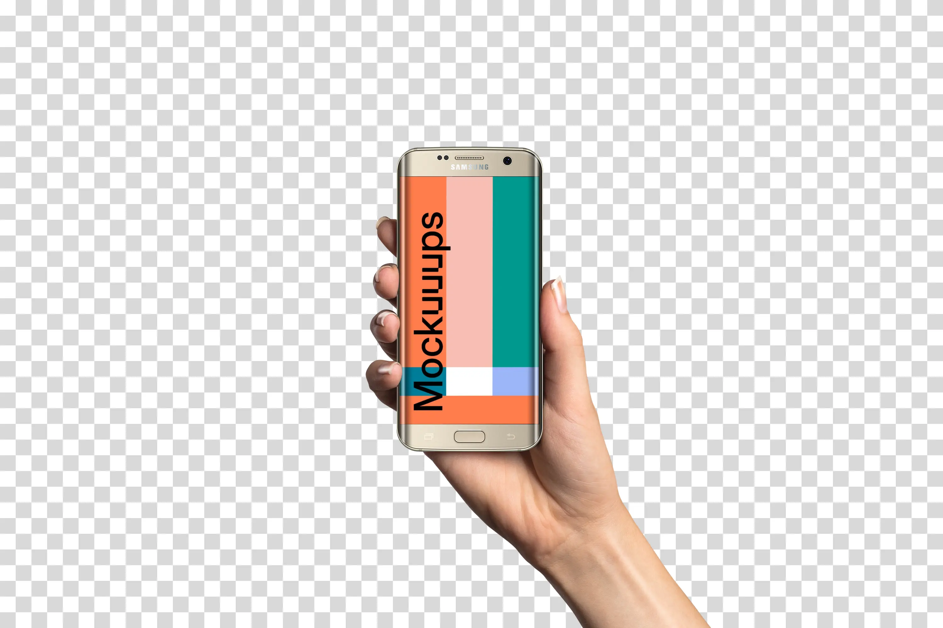 Woman holding Samsung Galaxy S7 Gold Mockup (White skin)