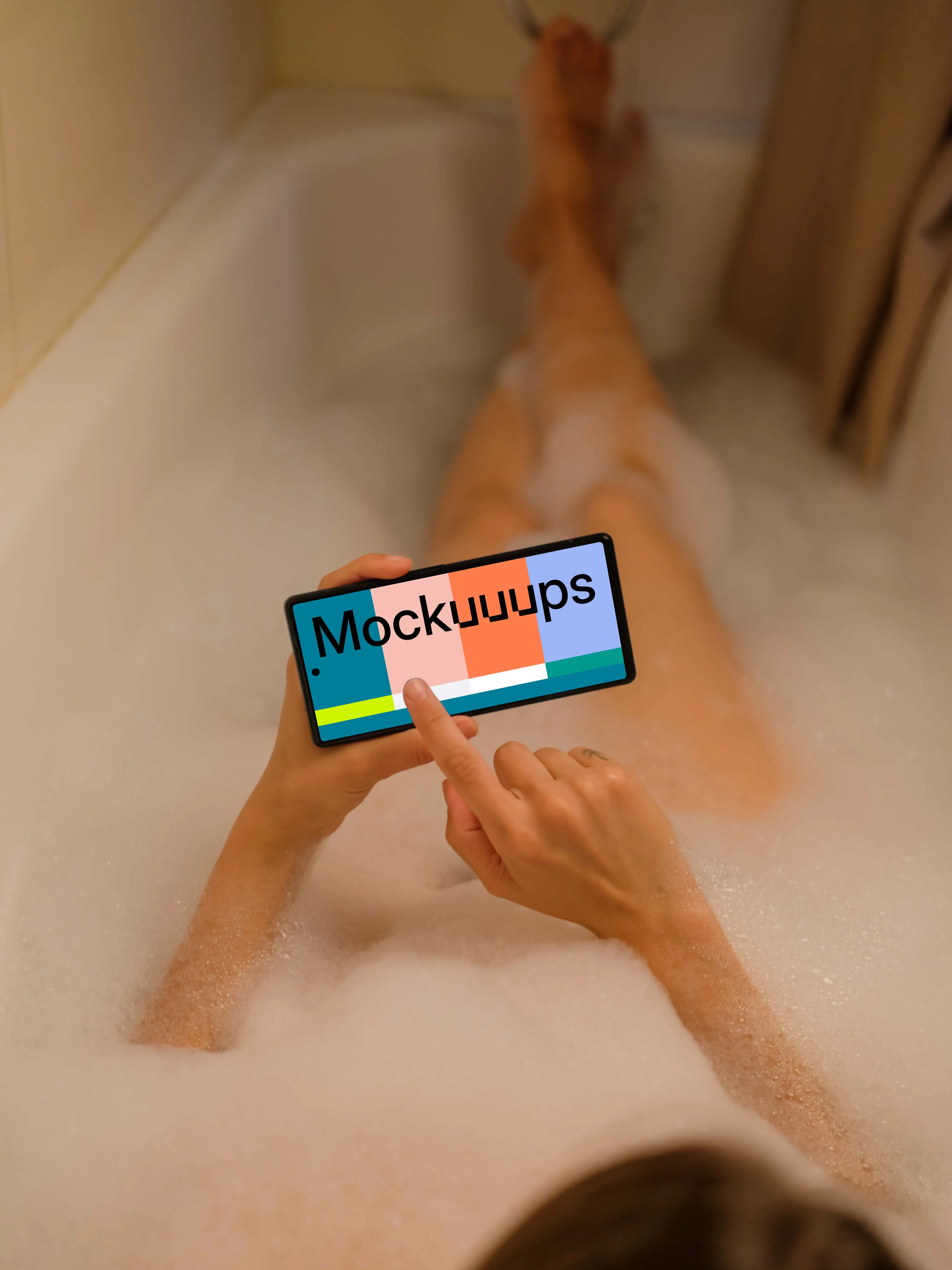 Woman in bath typing on a Google Pixel 6 mockup