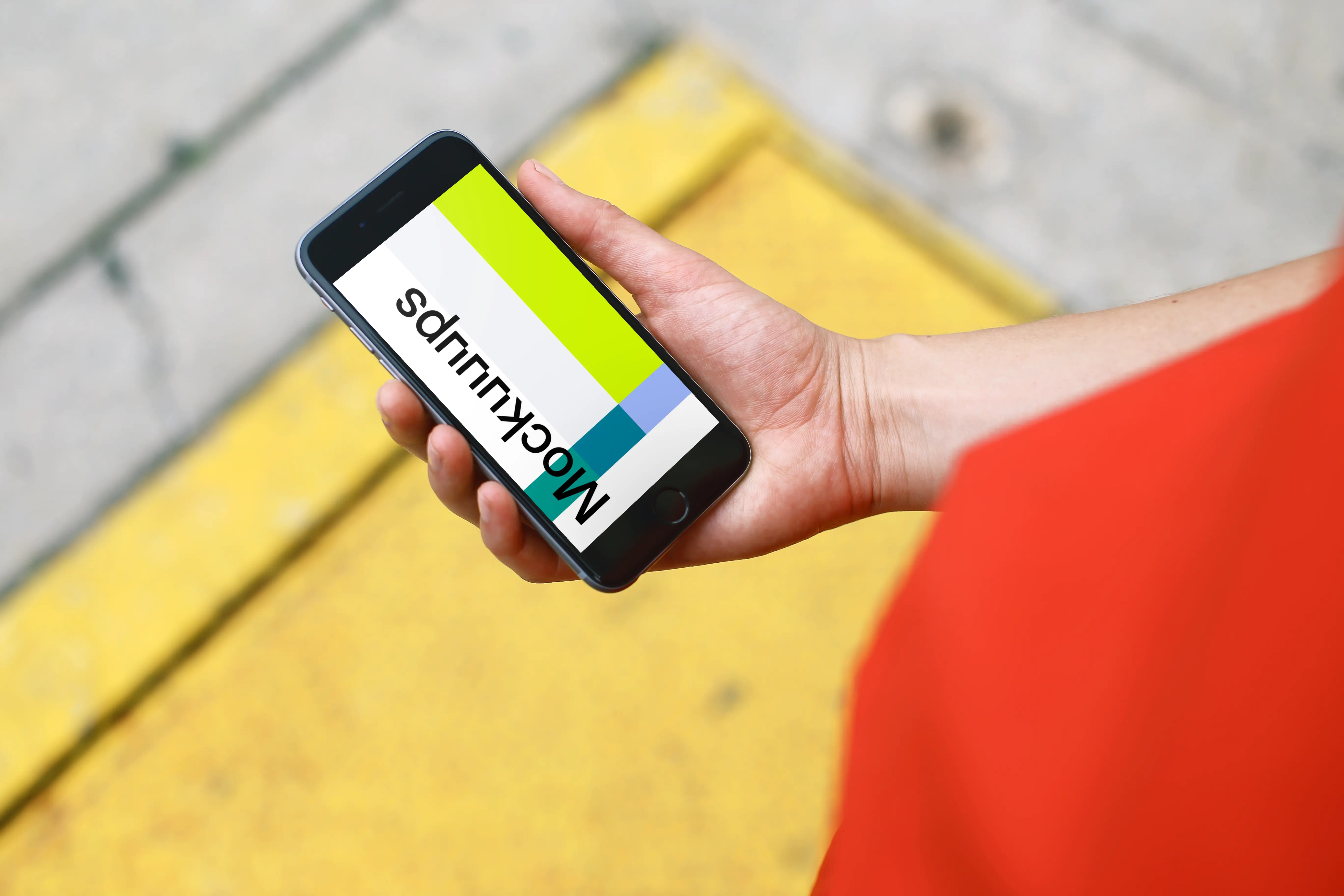 Woman in Red Dress checking iPhone 6s mockup
