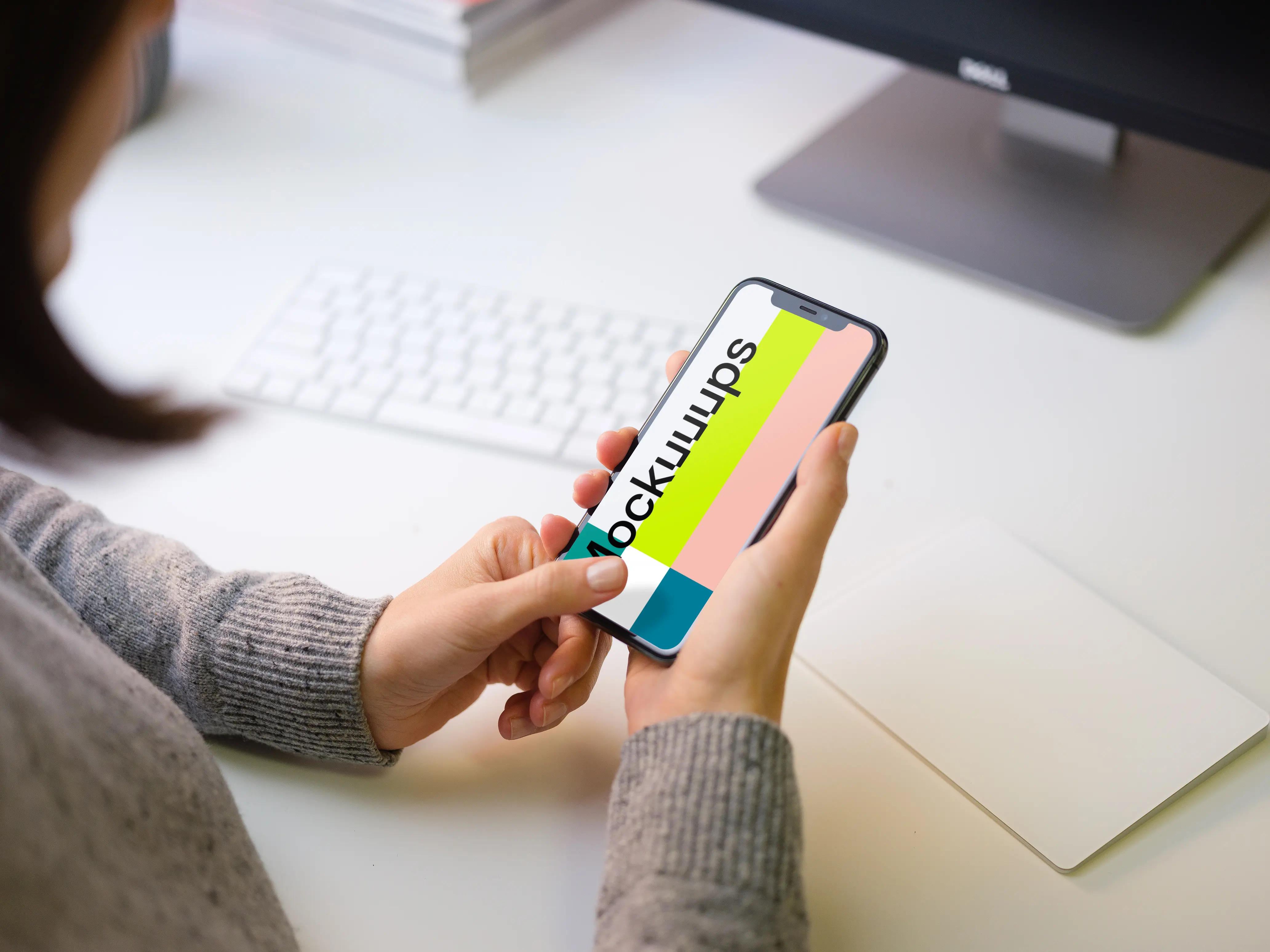 Woman interacting with a screen on iPhone 11 mockup