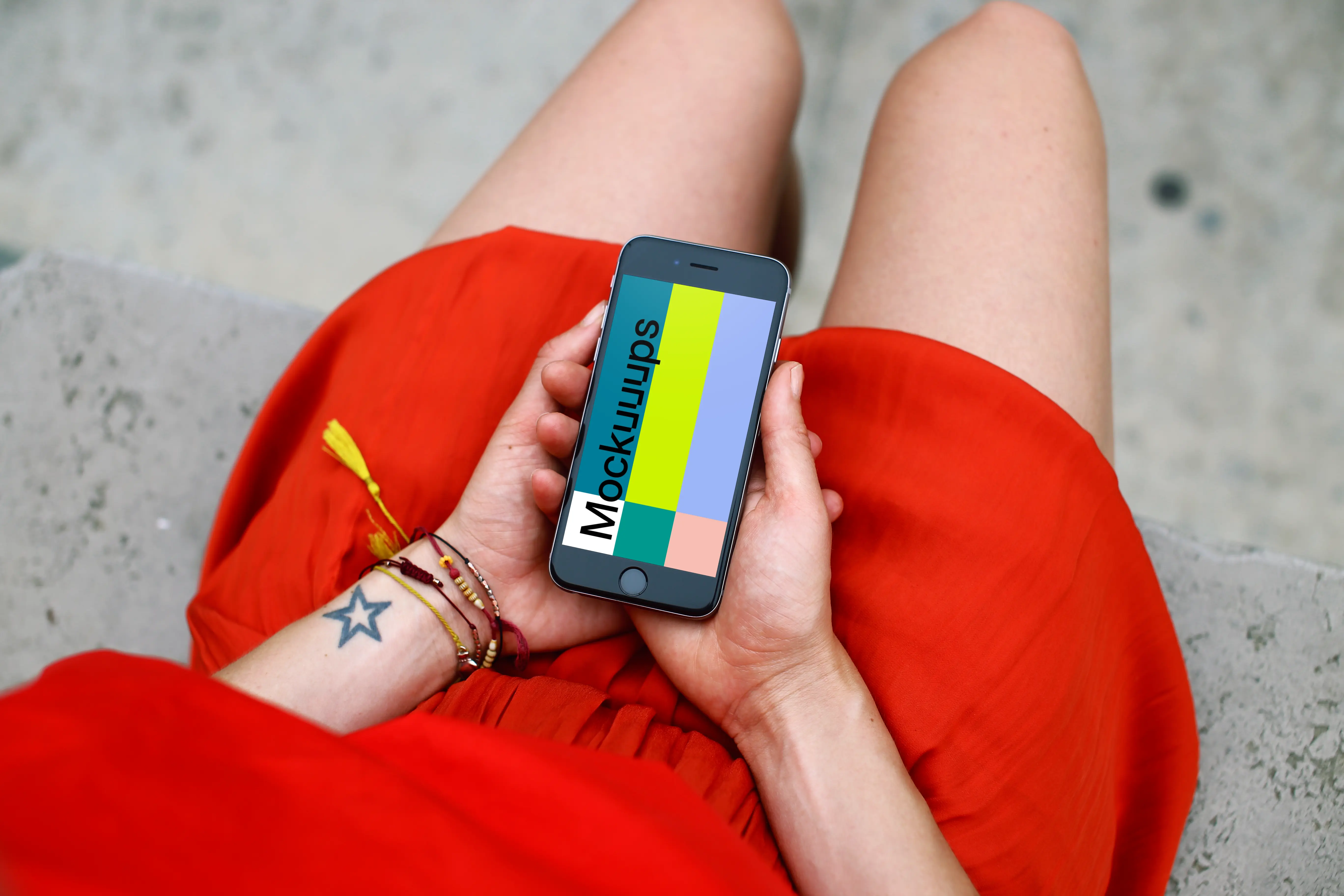 Woman with a Red Dress Sitting with iPhone 6s mockup