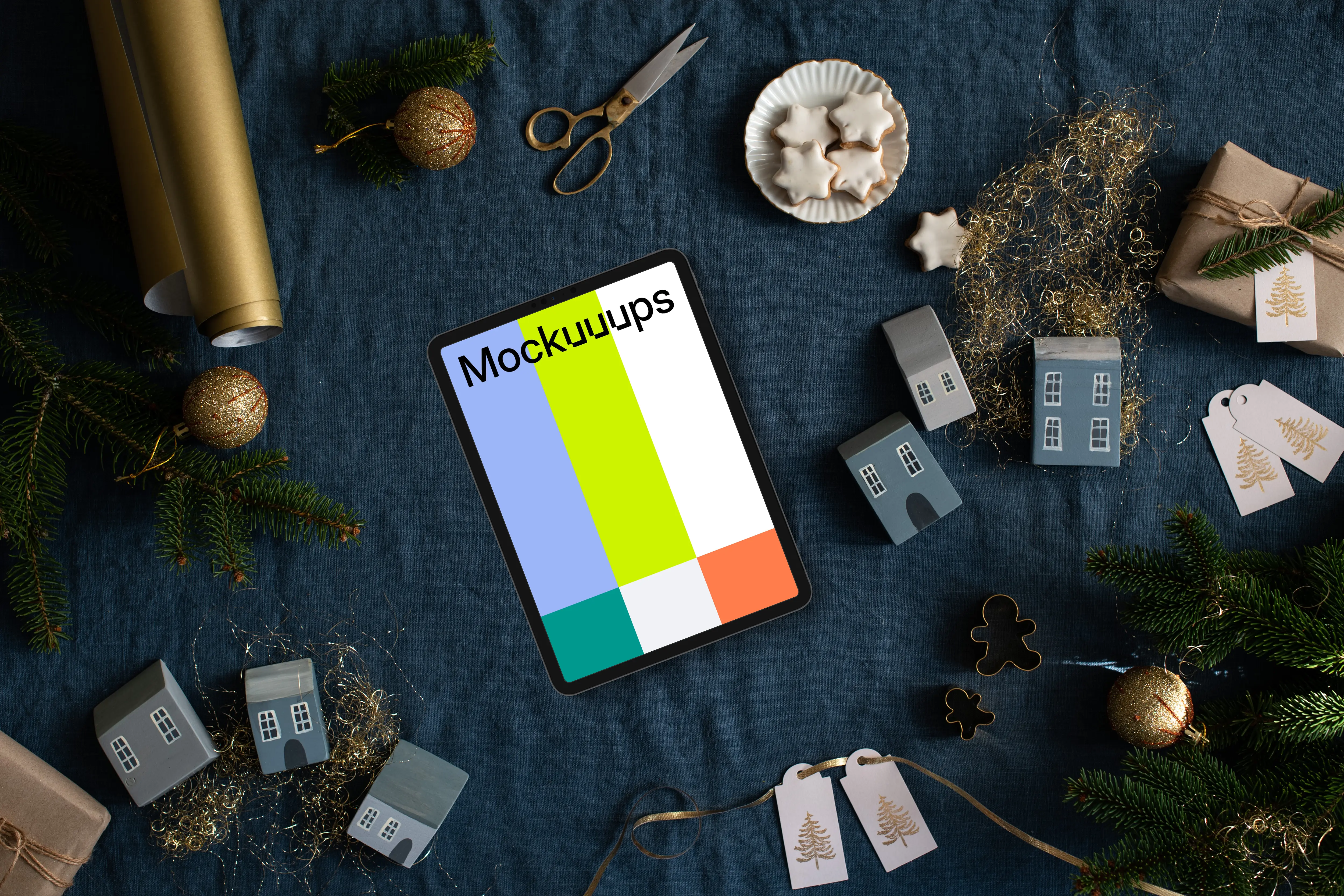 Xmas tablet mockup with a decoration around