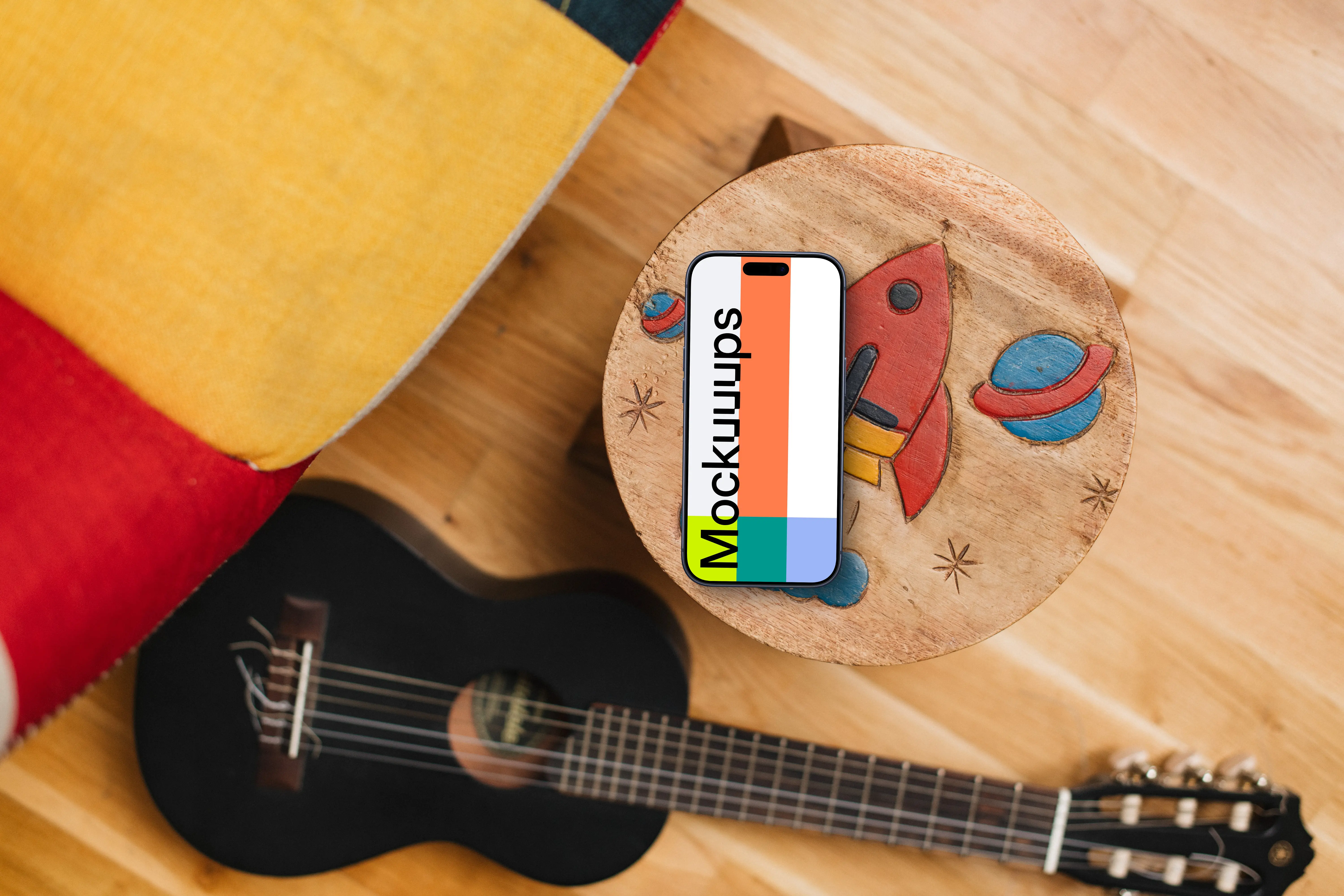 Youthful smartphone mockup with artistic wooden decor