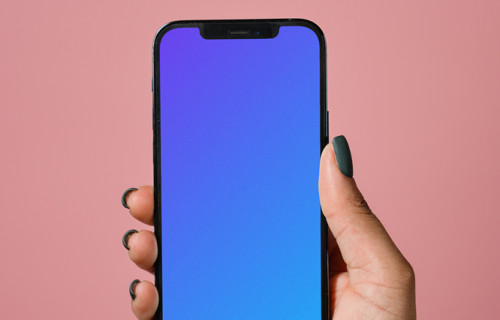 iPhone mockup held up by user in a pink background